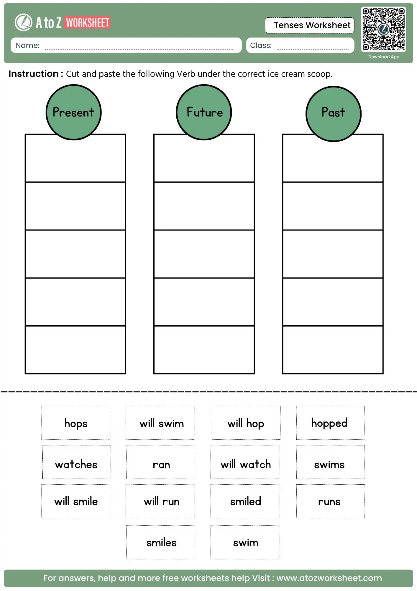 Tenses Worksheet With Answers and Free PDF 2 cut and paste verb sorting activity under ice cream scoop categories in a tenses worksheet with answers.