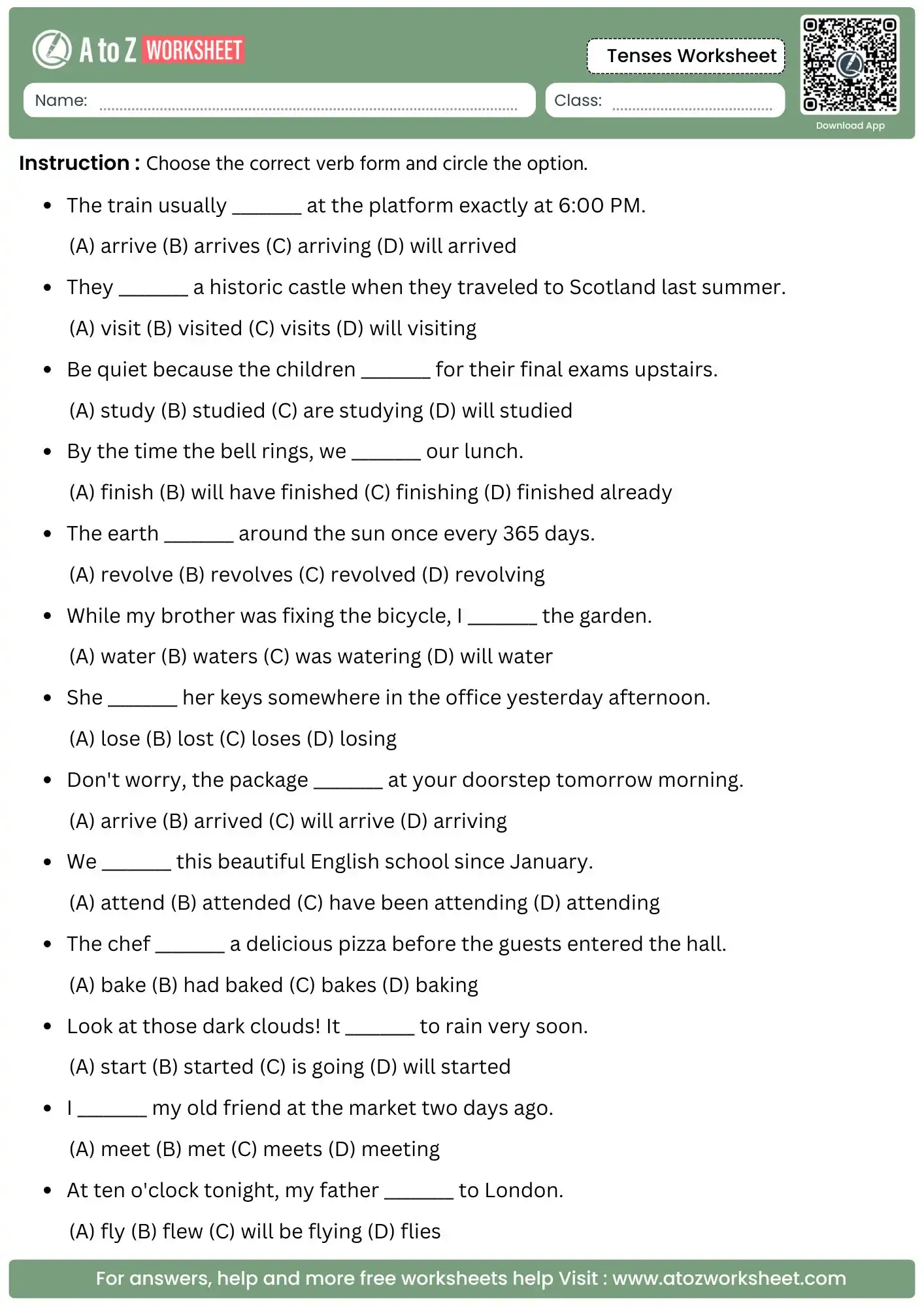 Tenses Worksheet With Answers and Free PDF 4 selective four option multiple choice evaluation layout in a premium tenses worksheet with answers.