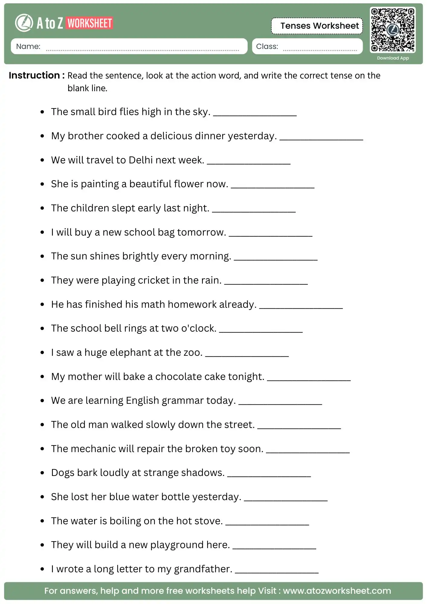 Tenses Worksheet With Answers and Free PDF 6 look at the action word and write timeline label task in a tenses worksheet with answers.
