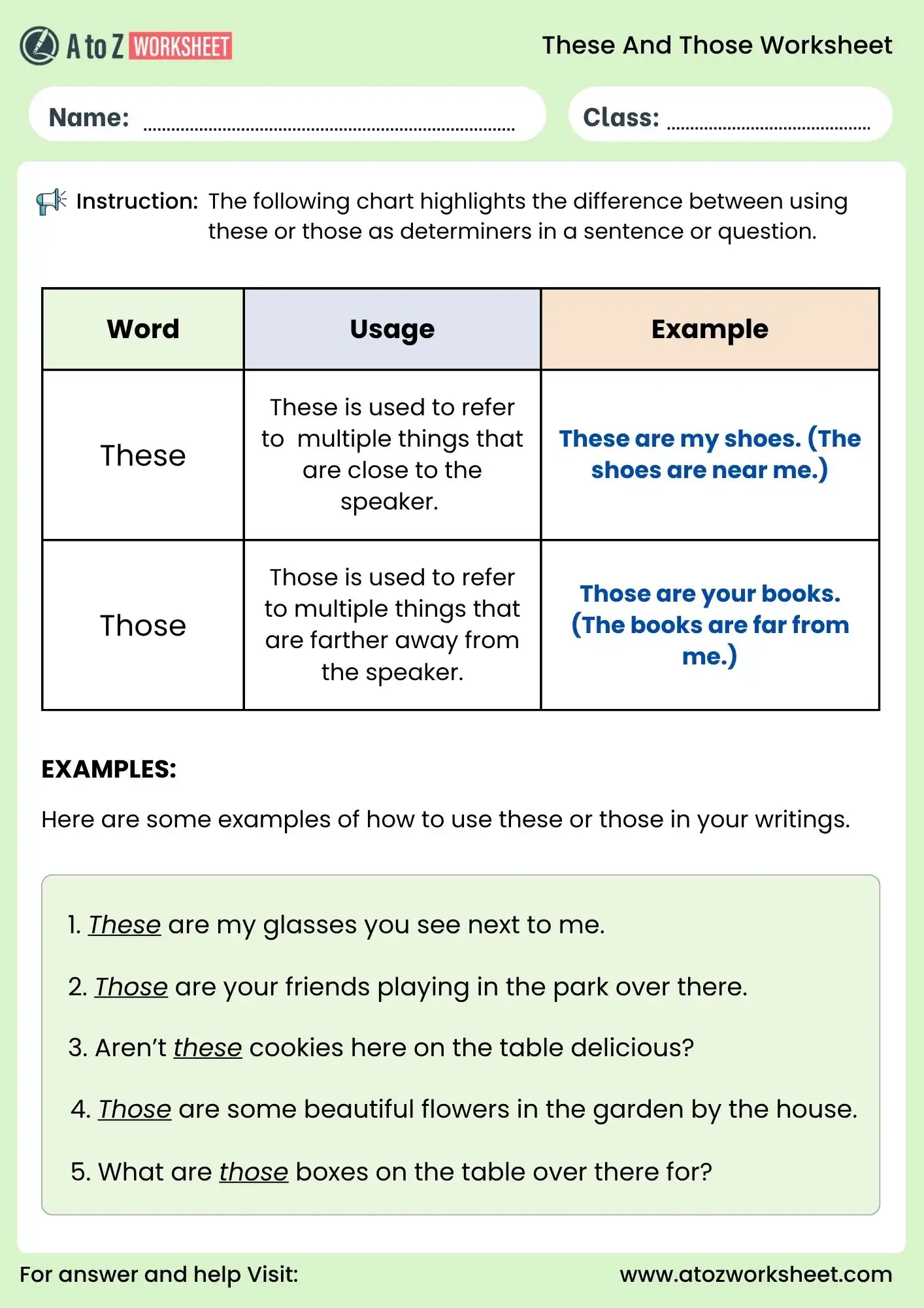 these and those worksheet grammar chart for class 1