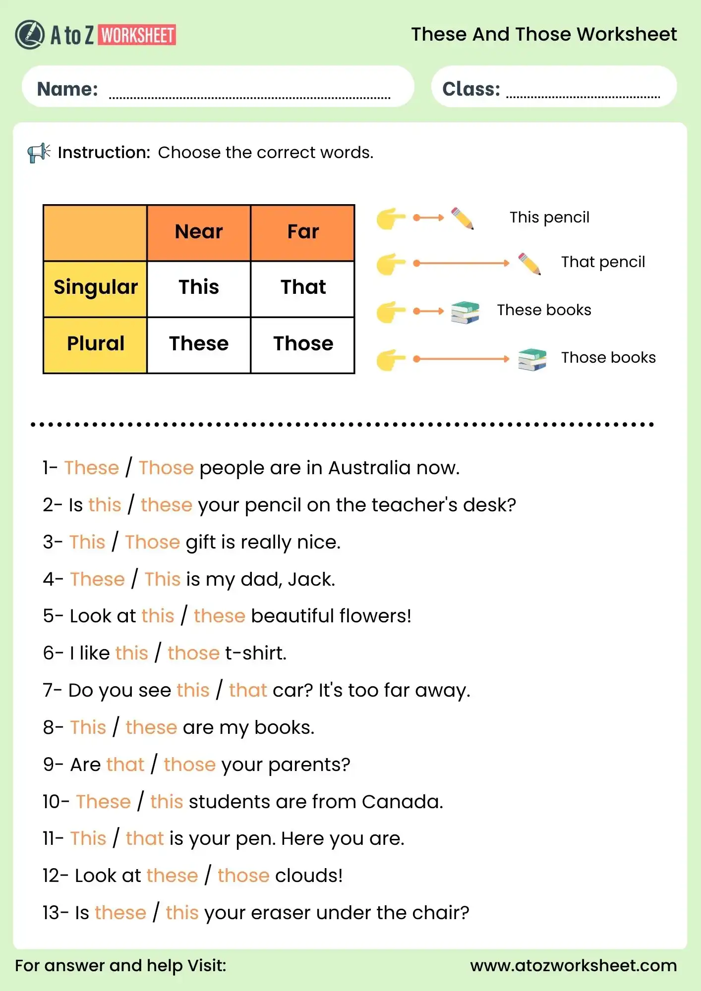 these and those worksheet choose correct answer for class 1