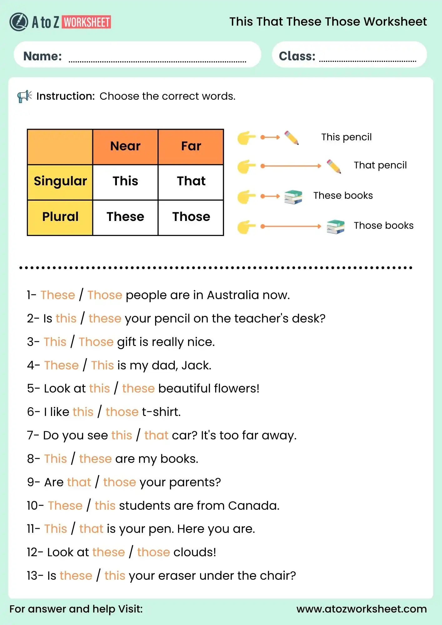 this that these those worksheet choose correct words for class 1
