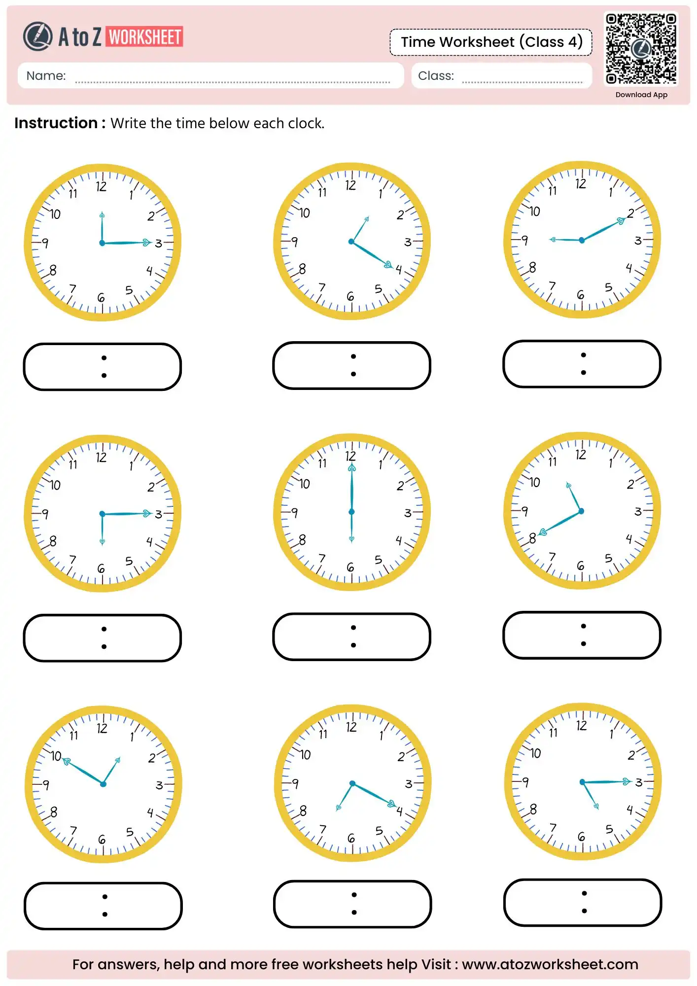 reading and writing exact time in time worksheet for class 4 with yellow analog clocks.