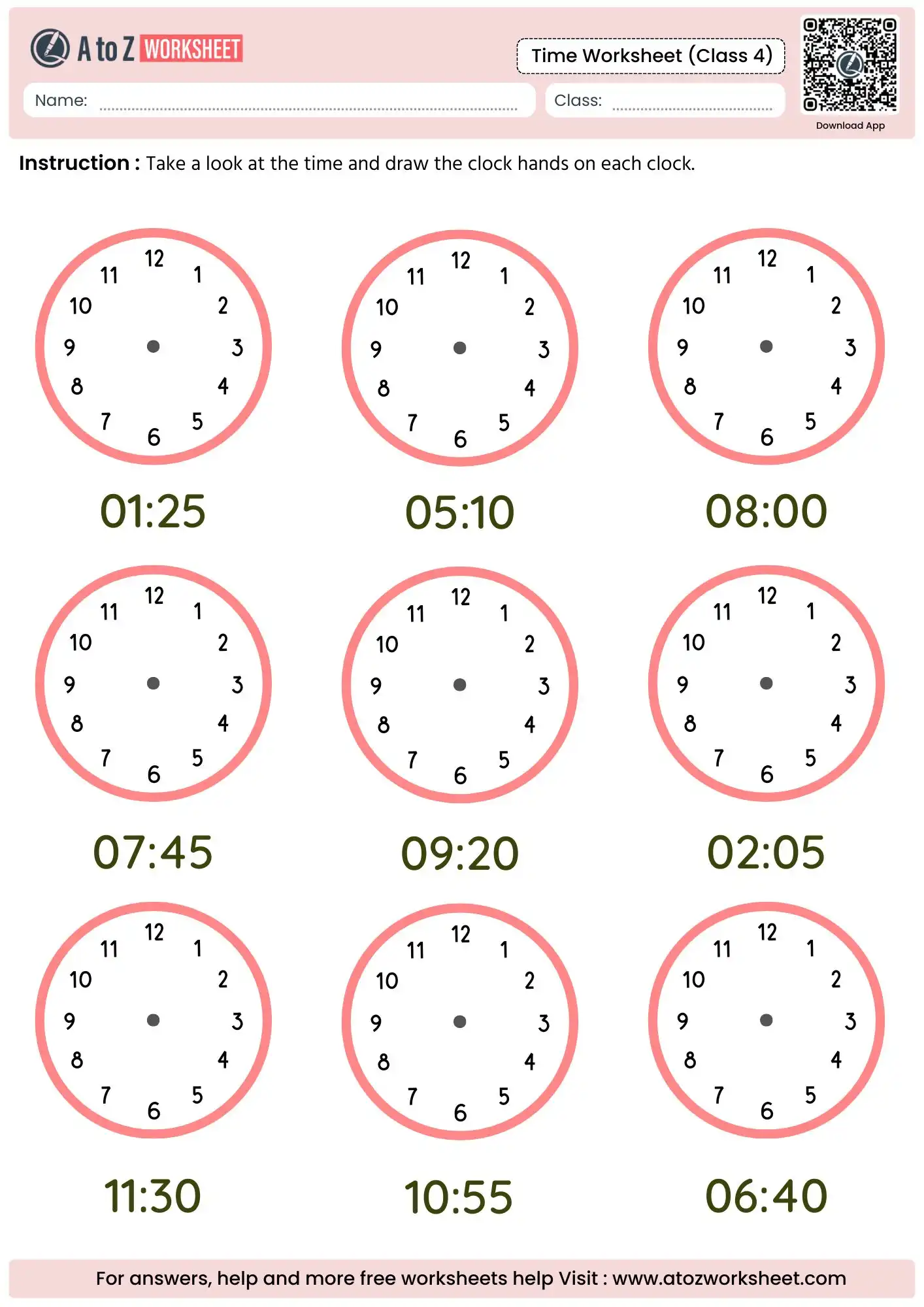 drawing clock hands for precise digital times in time worksheet for class 4.