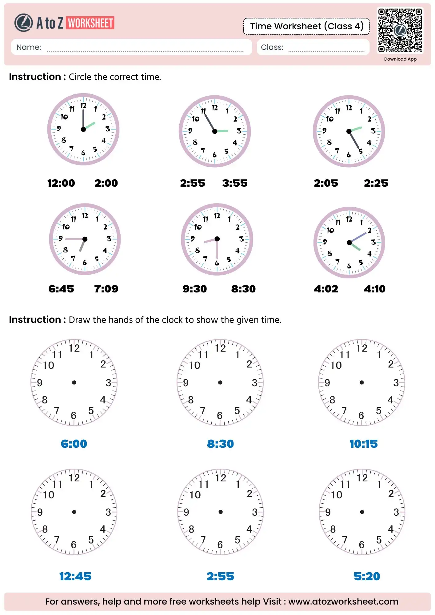 multiple choice and hand drawing exercises in time worksheet for class 4 with purple clocks.