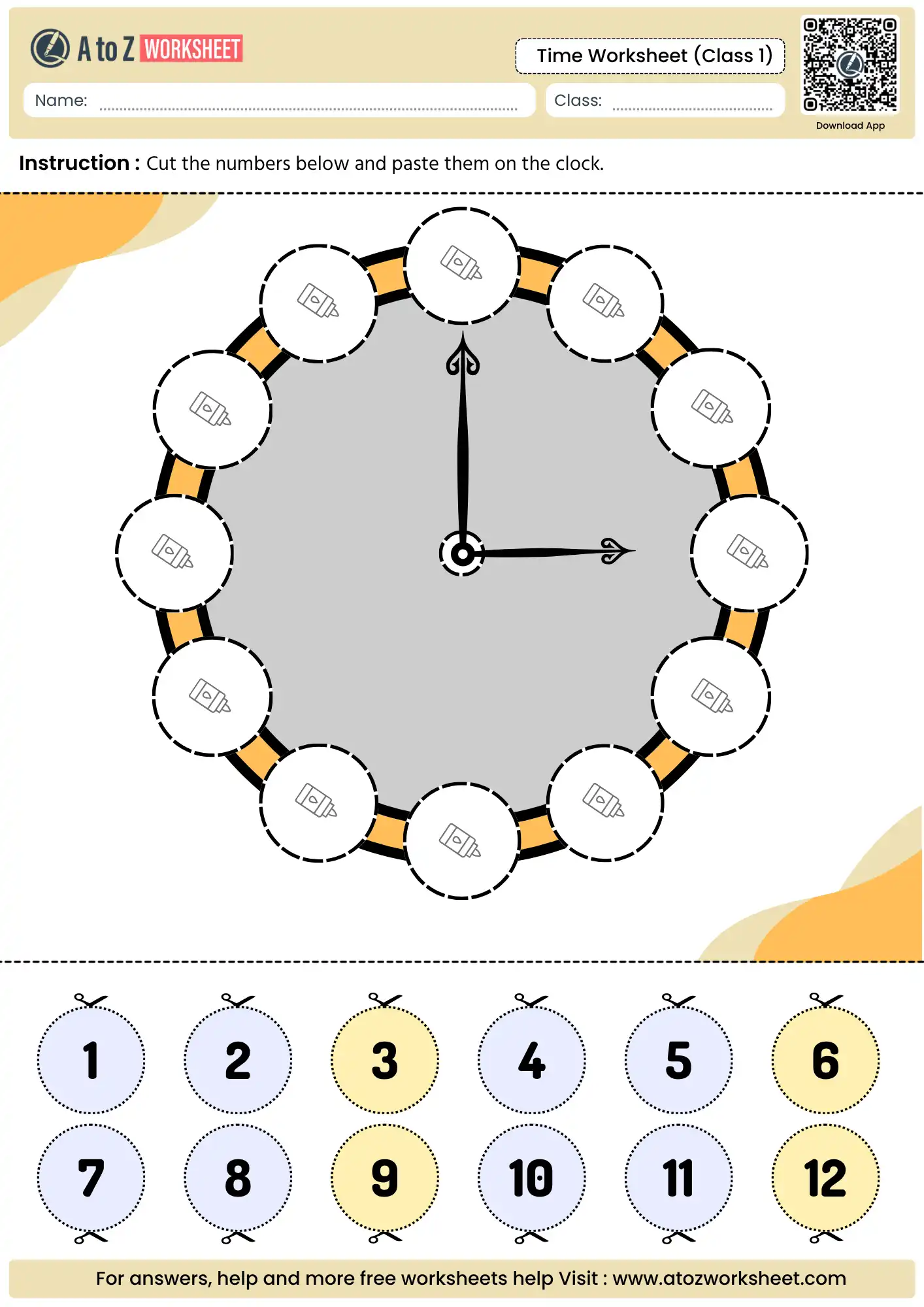 cut and paste clock activity in time worksheets for class 1.