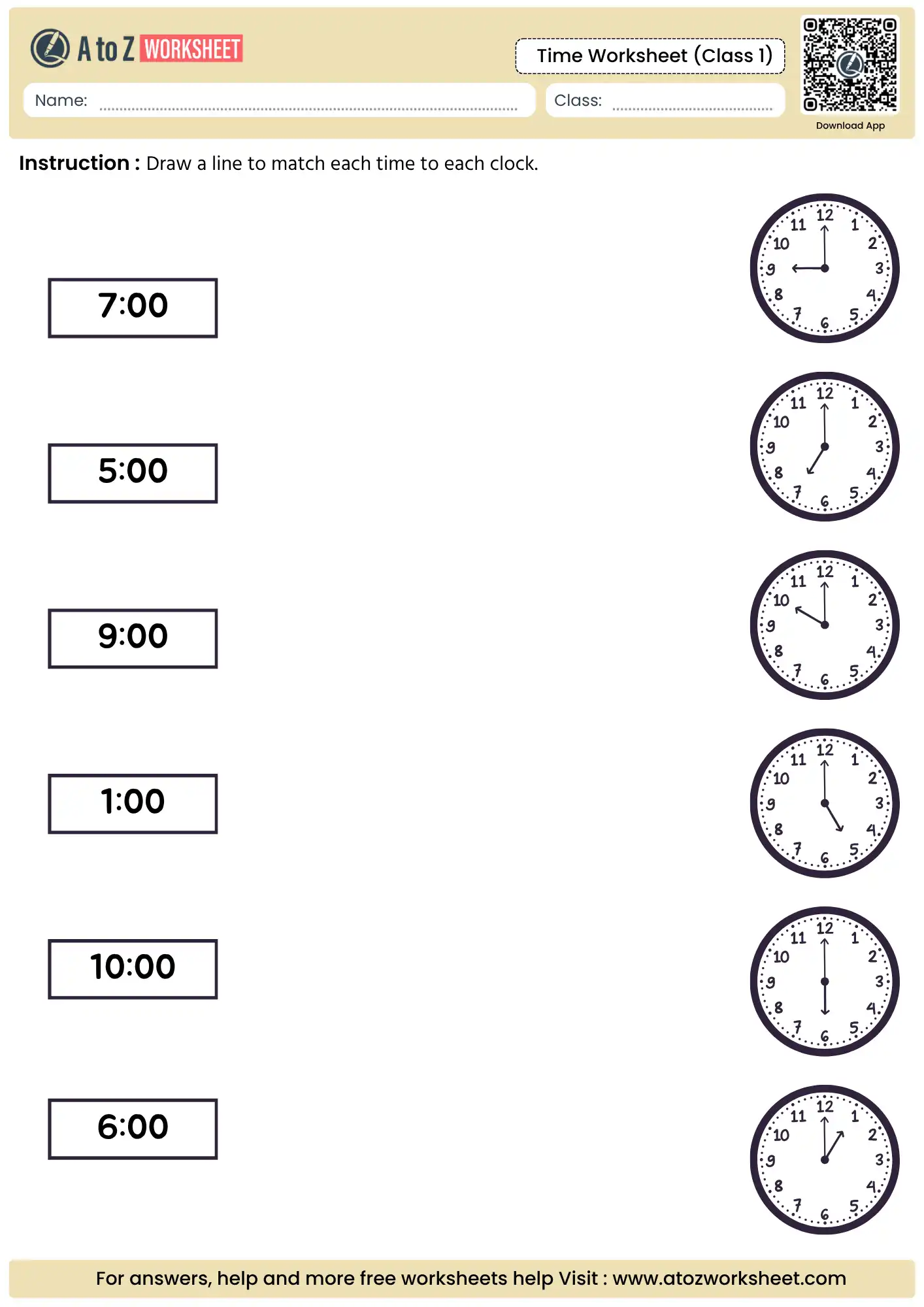 matching digital time to analog clocks in time worksheets for class 1.