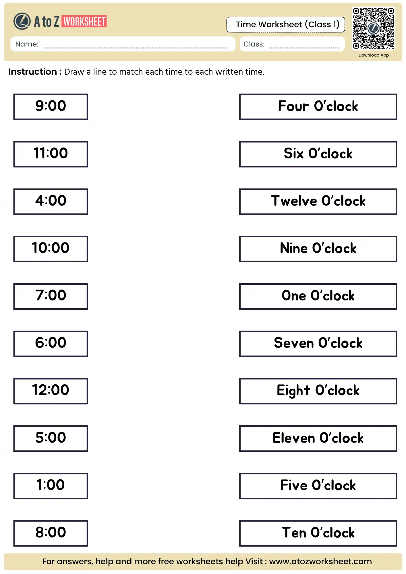 matching digital time to written words in time worksheets for class 1.