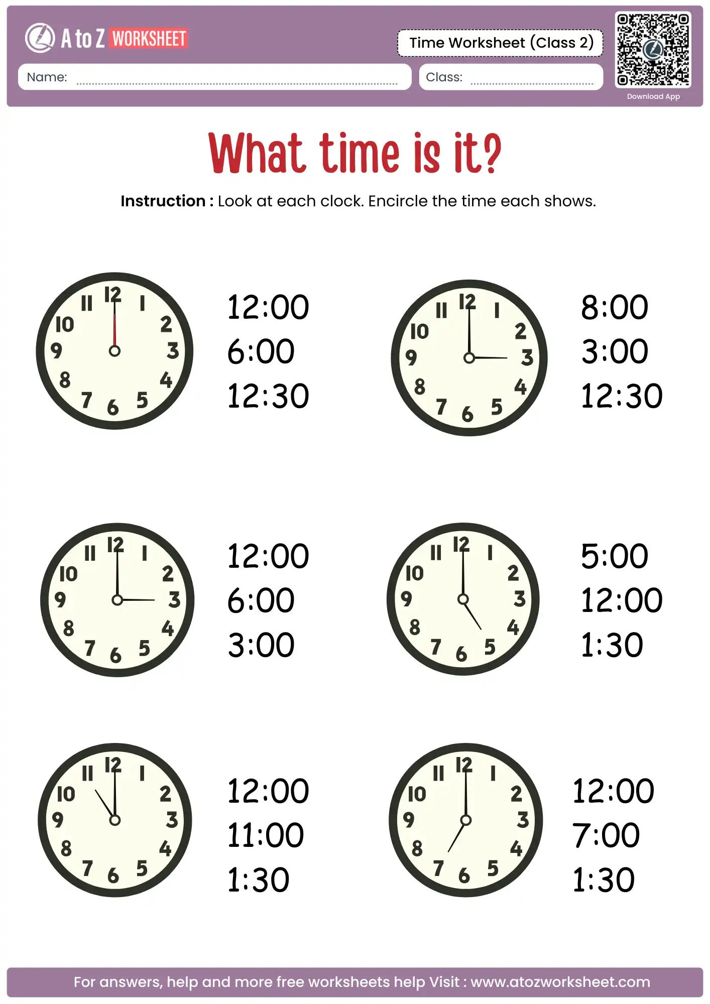 multiple choice analog clock identification in time worksheets for grade 2.