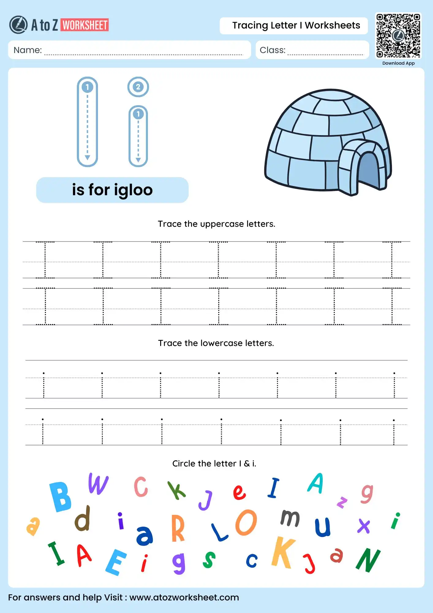 foundational tracing letter i worksheets with igloo illustration