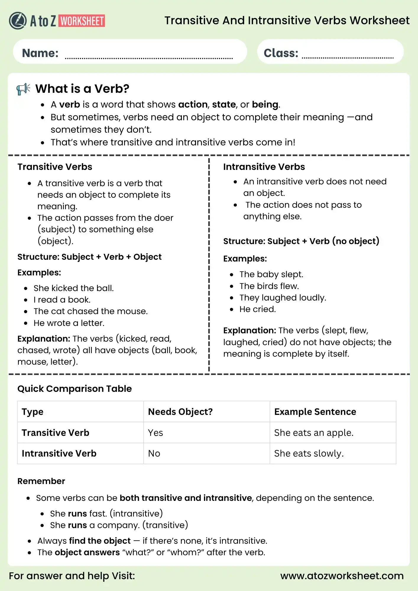 transitive and intransitive verbs worksheets grammar explanation chart class 5 6
