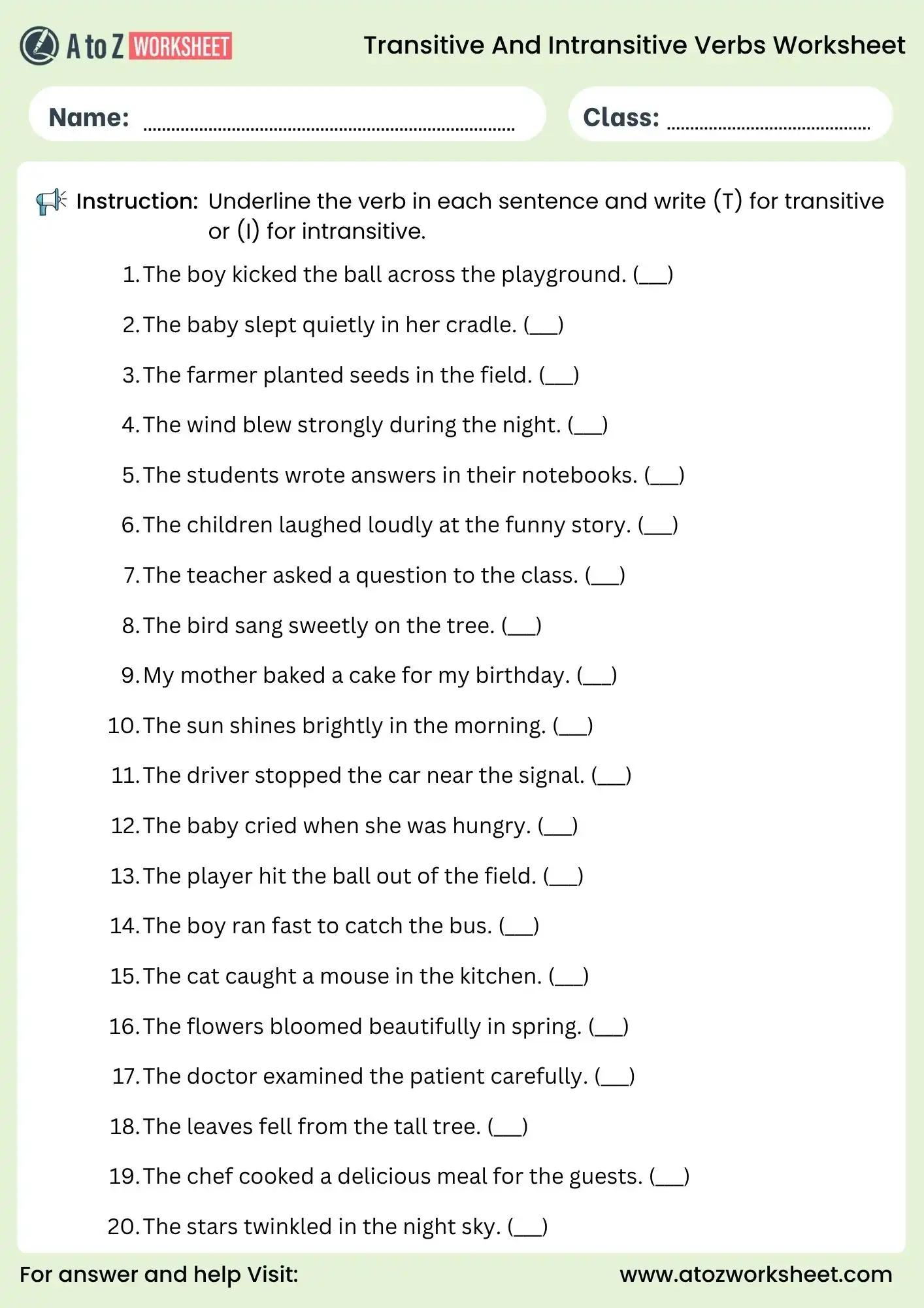 transitive and intransitive verbs worksheets identify underline verbs activity