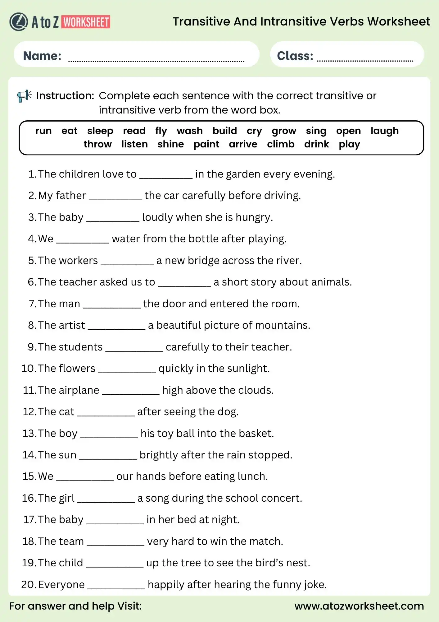 transitive and intransitive verbs worksheets fill blanks activity pdf