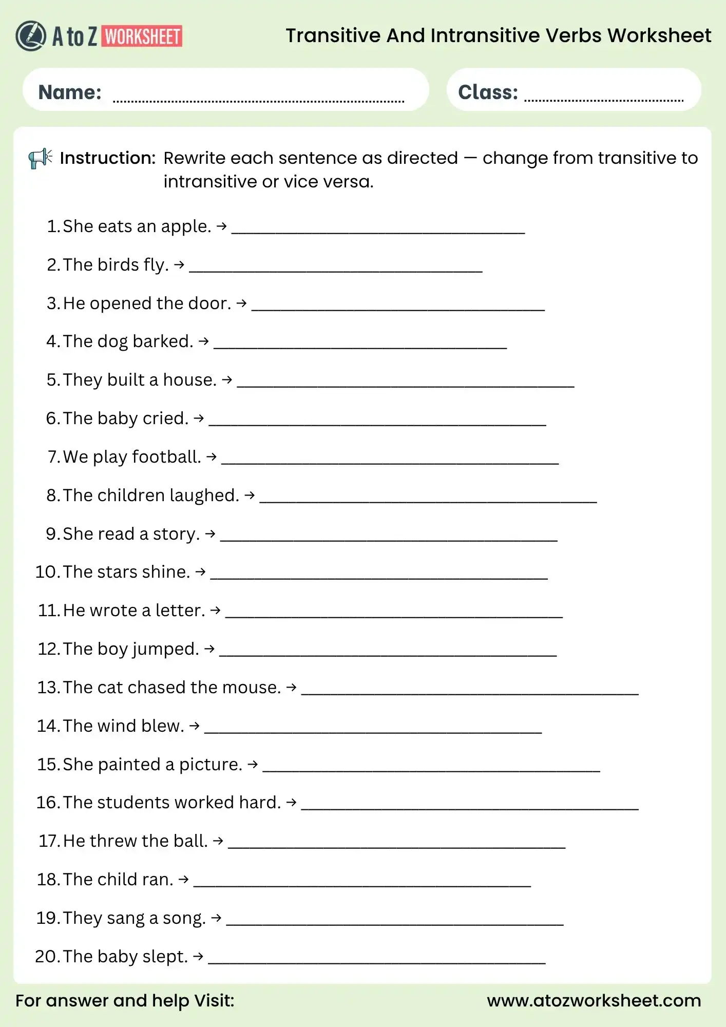transitive and intransitive verbs worksheets rewrite change activity