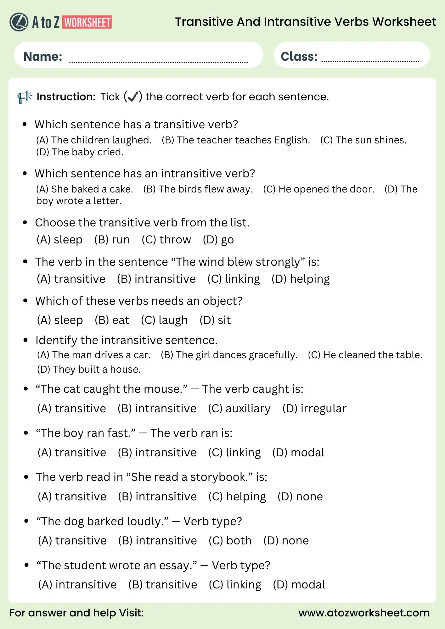 transitive and intransitive verbs worksheets multiple choice mcq