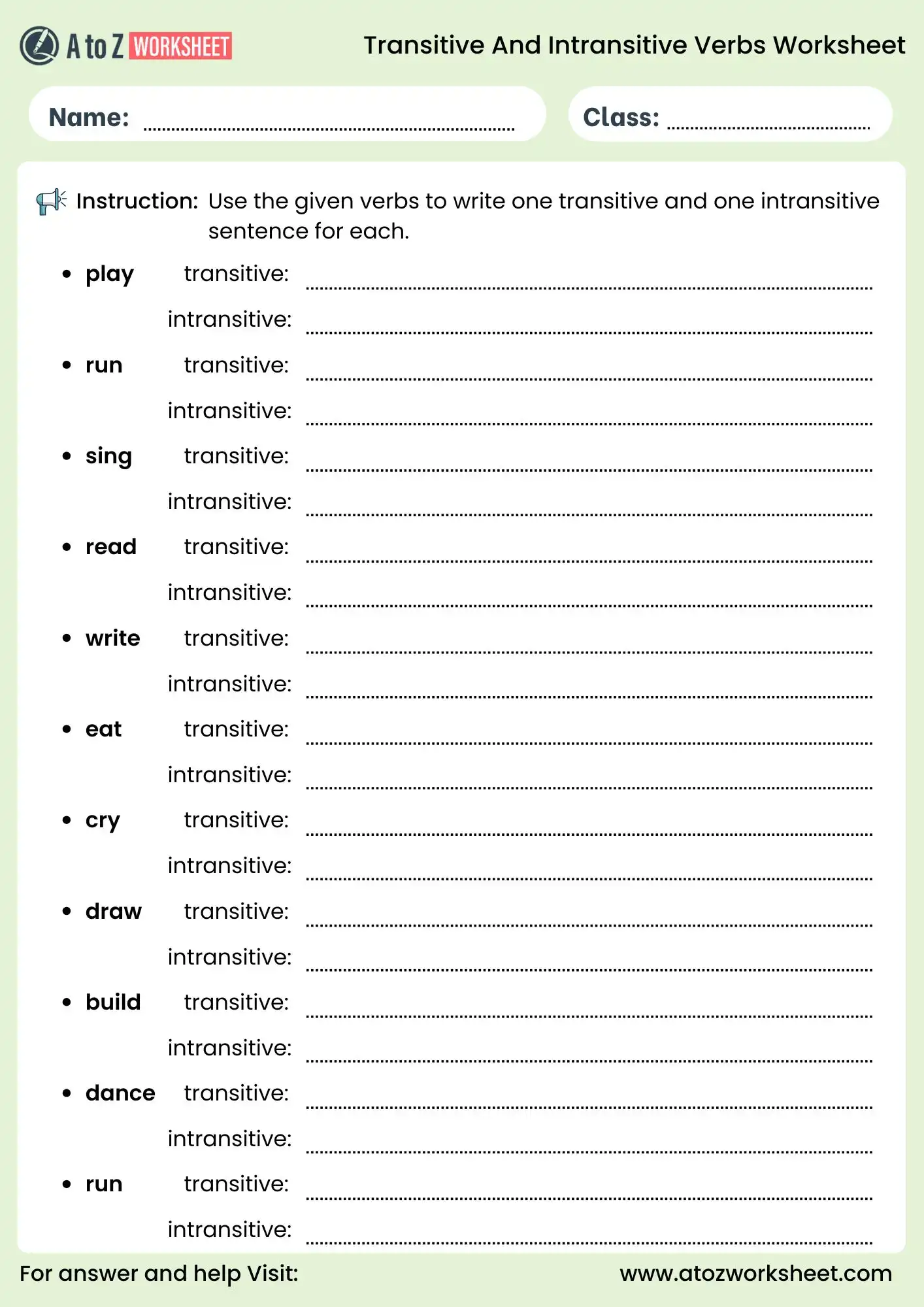 transitive and intransitive verbs worksheets sentence writing practice