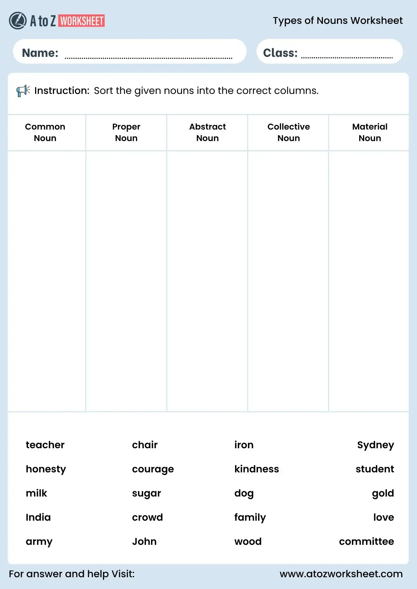 types of nouns worksheets for class 1 to class 5 sorting activity