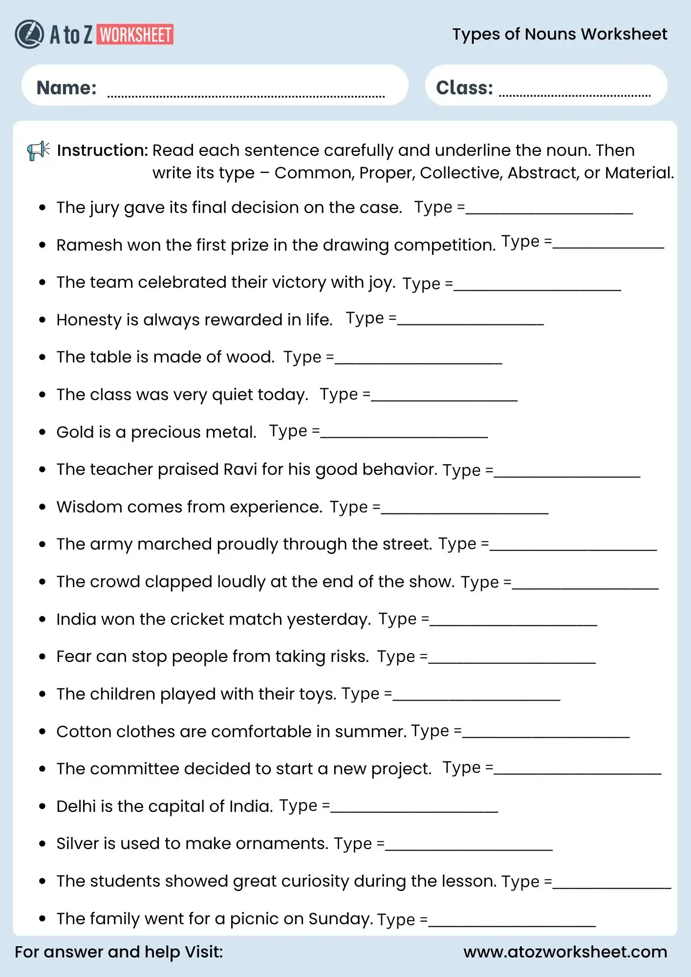 types of nouns worksheets for class 1 to class 5 identification sentences