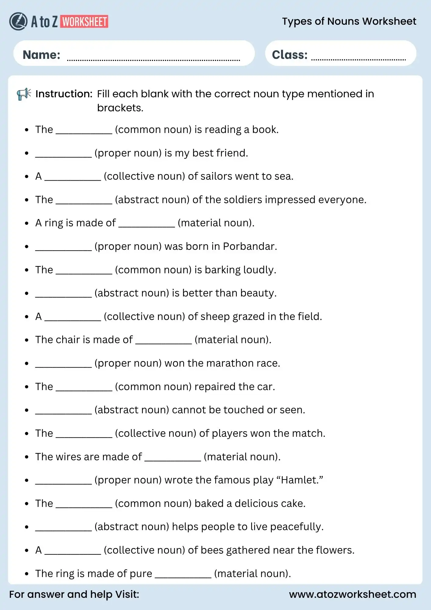 types of nouns worksheets for class 1 to class 5 fill in the blanks