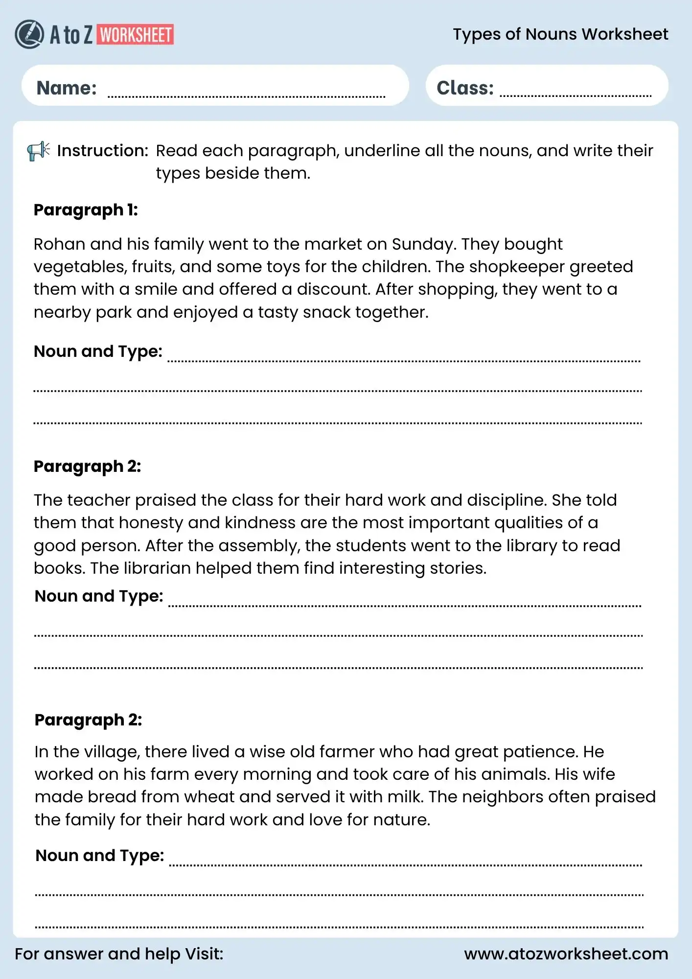 types of nouns worksheets for class 1 to class 5 paragraph activity