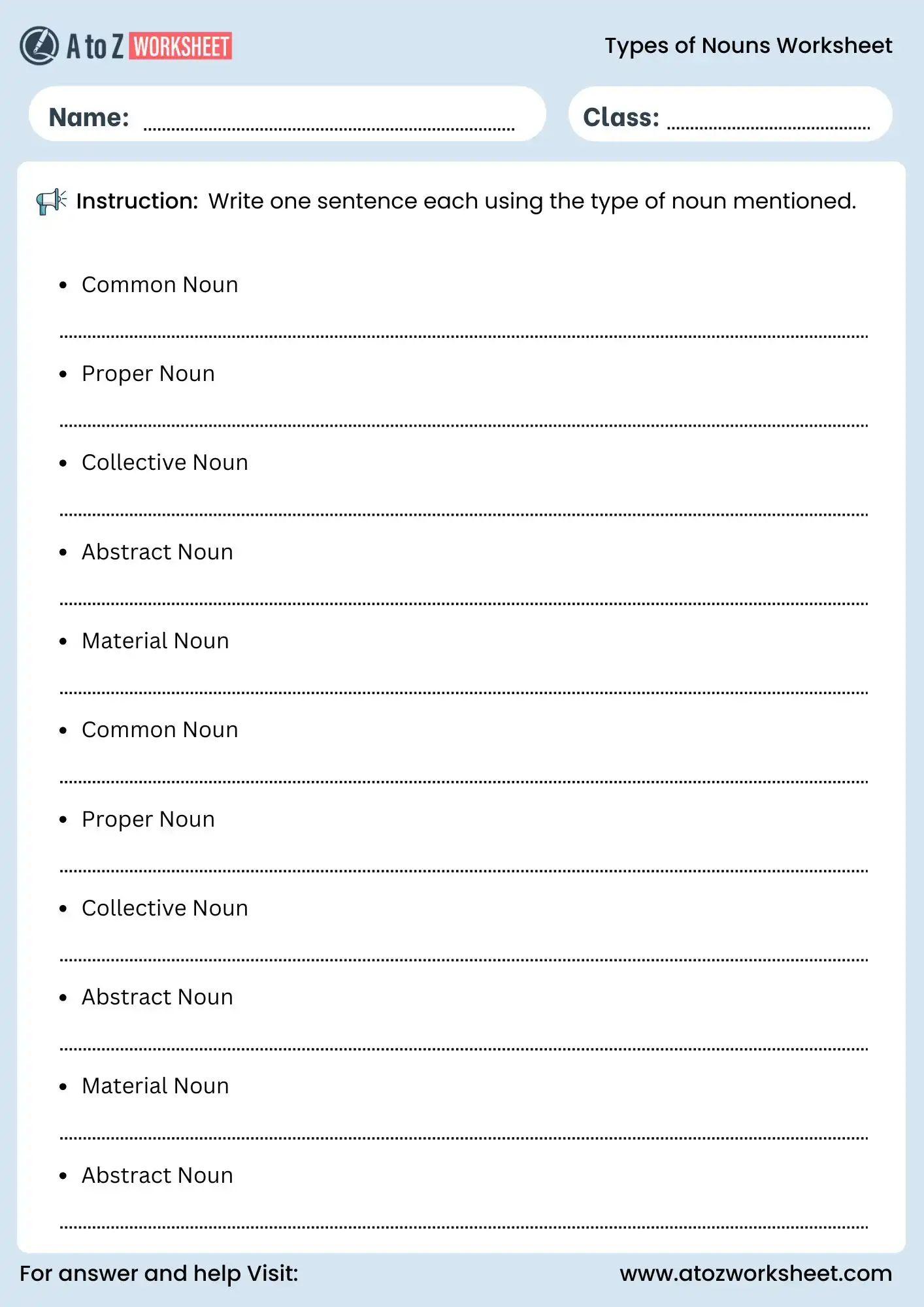 types of nouns worksheets for class 1 to class 5 sentence making