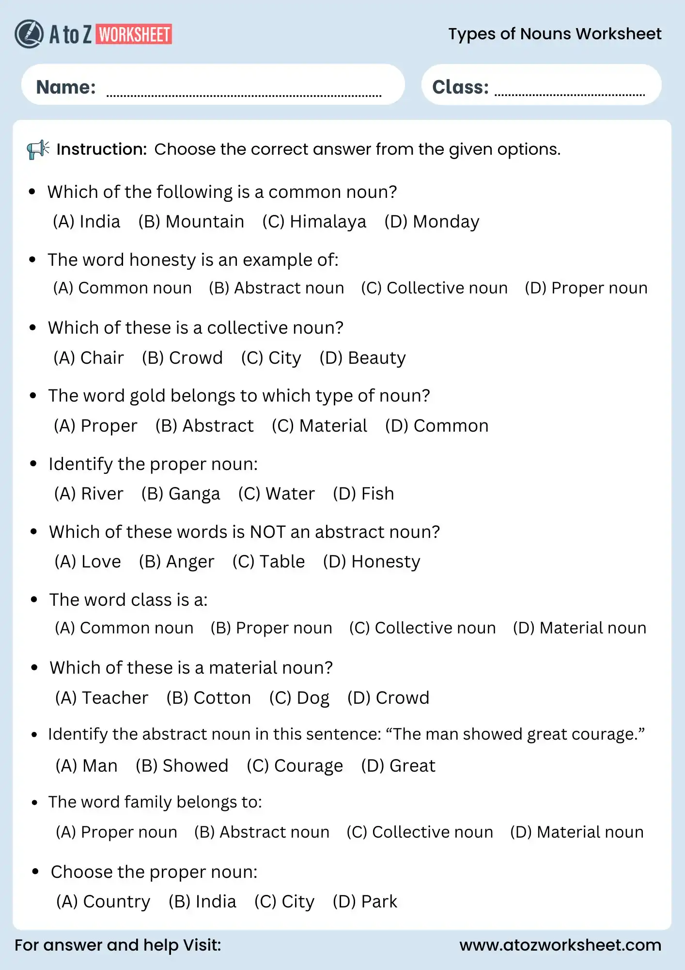 types of nouns worksheets for class 1 to class 5 mcq activity