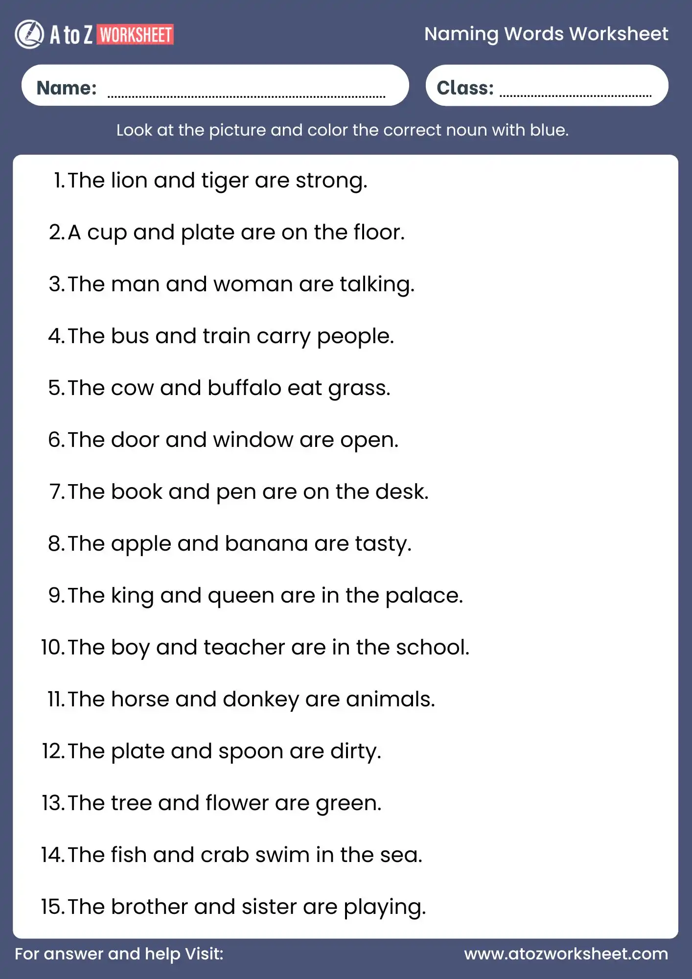 underline the naming words worksheet with answers for class 1
