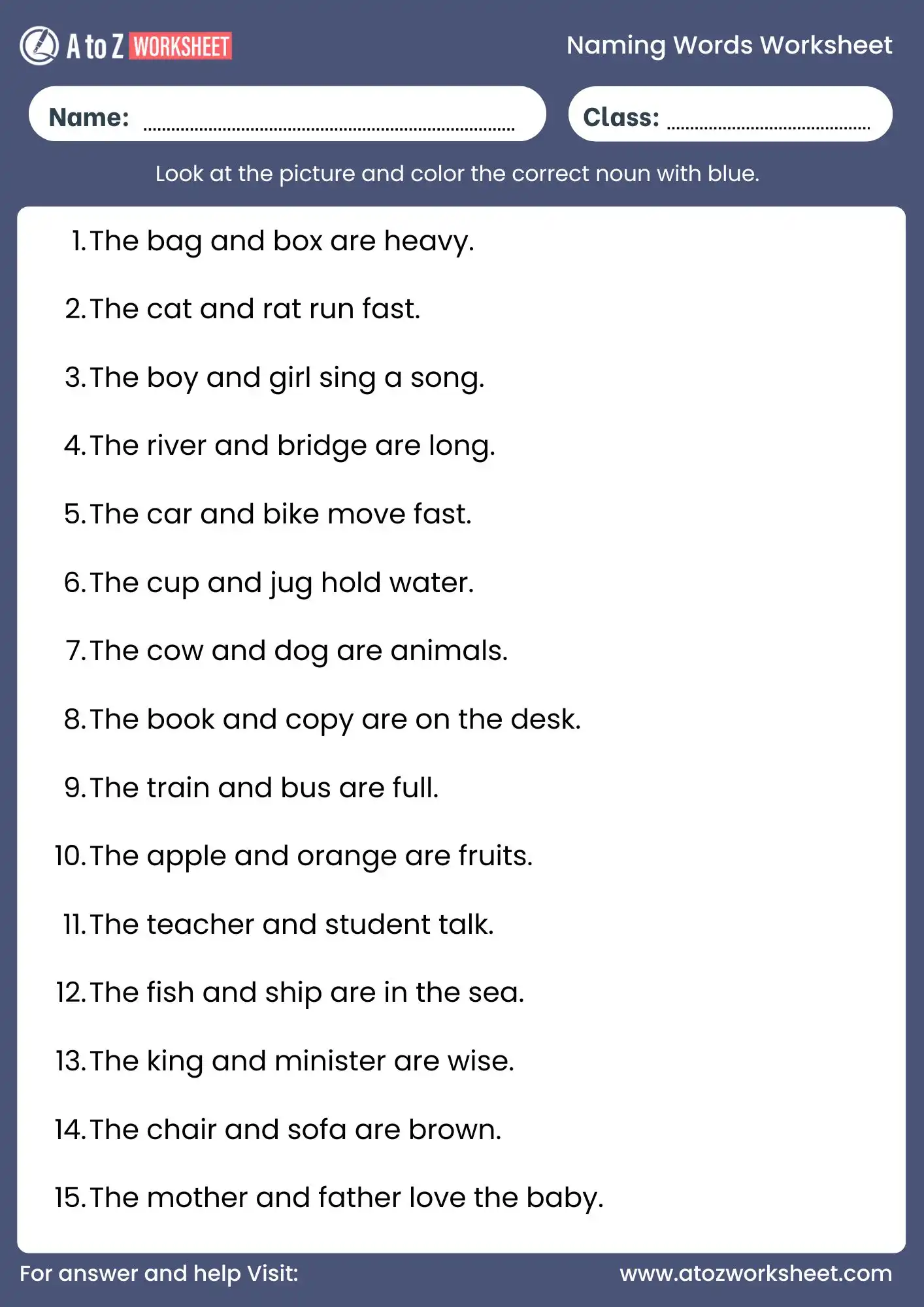 underline the naming words worksheet with answers for class 2
