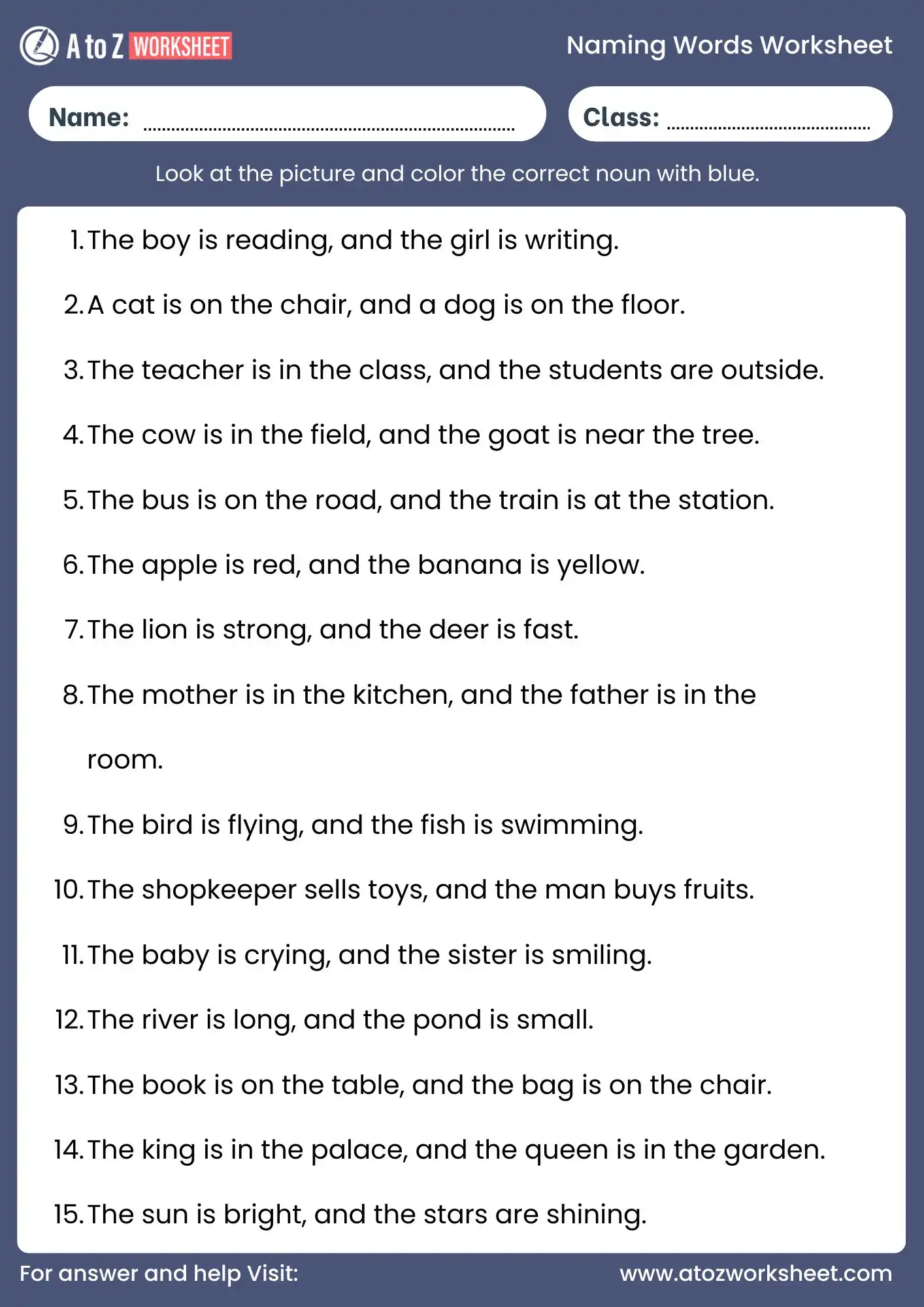 underline the naming words worksheet with answers for cbse students