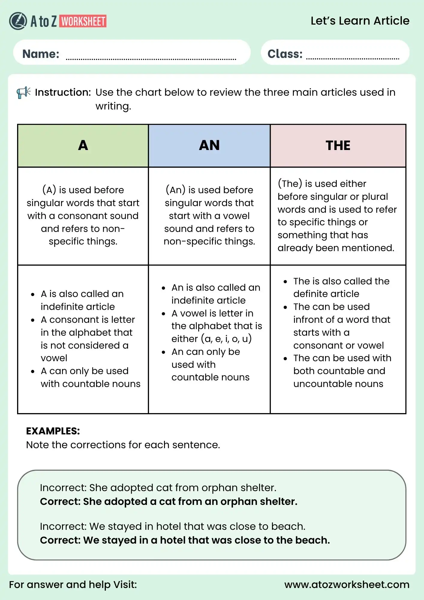 use of a and an worksheet for kids with grammar chart and examples class 1 class 2