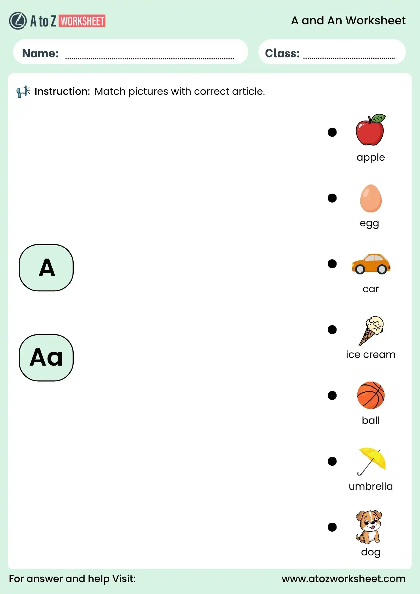 use of a and an worksheet for kids picture matching activity free pdf