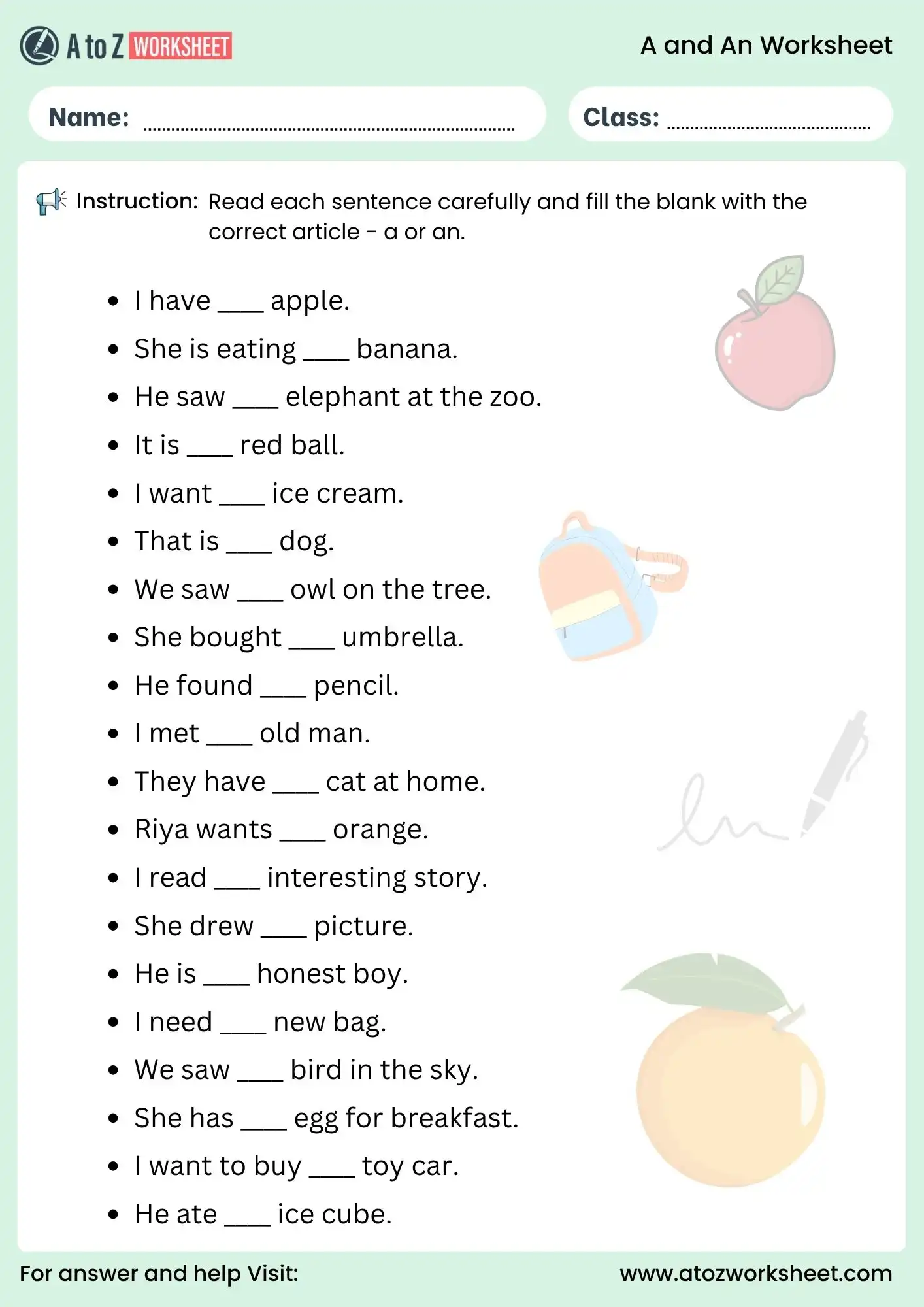 use of a and an worksheet for kids fill in the blanks activity printable pdf