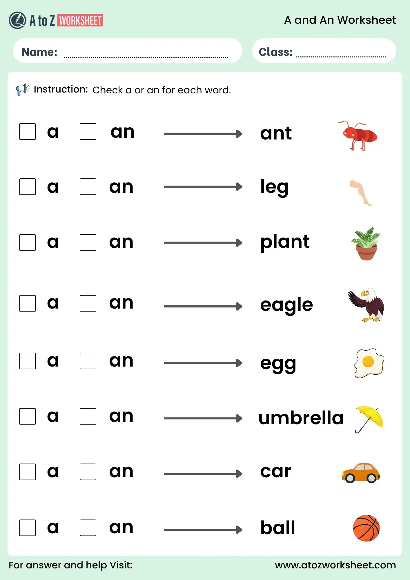 use of a and an worksheet for kids choose correct article grammar exercise