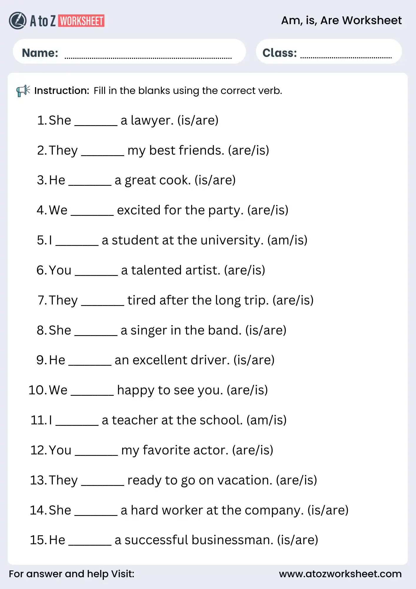 use of is am are worksheet grammar sentences exercise