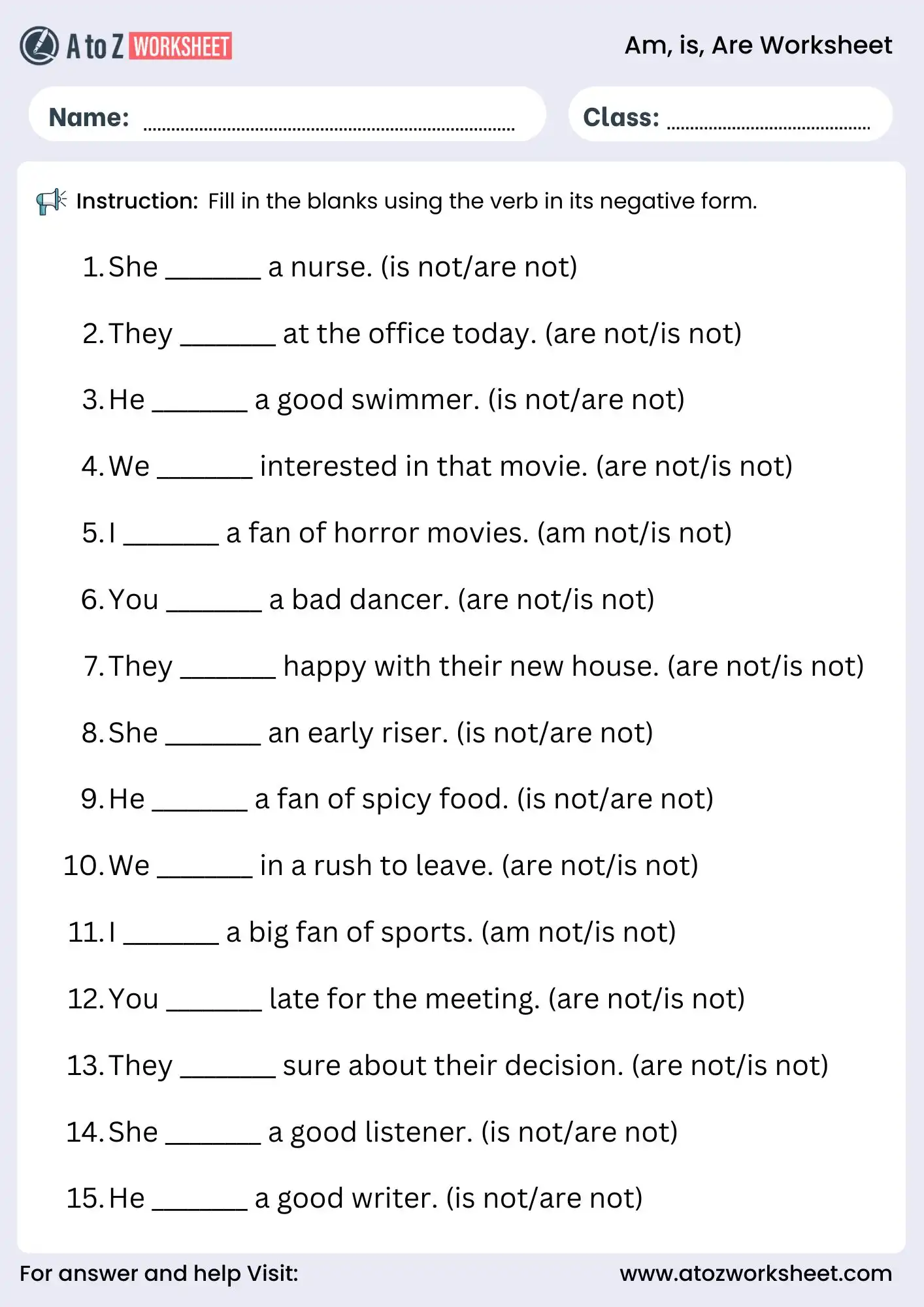 use of is am are worksheet negative form grammar exercise