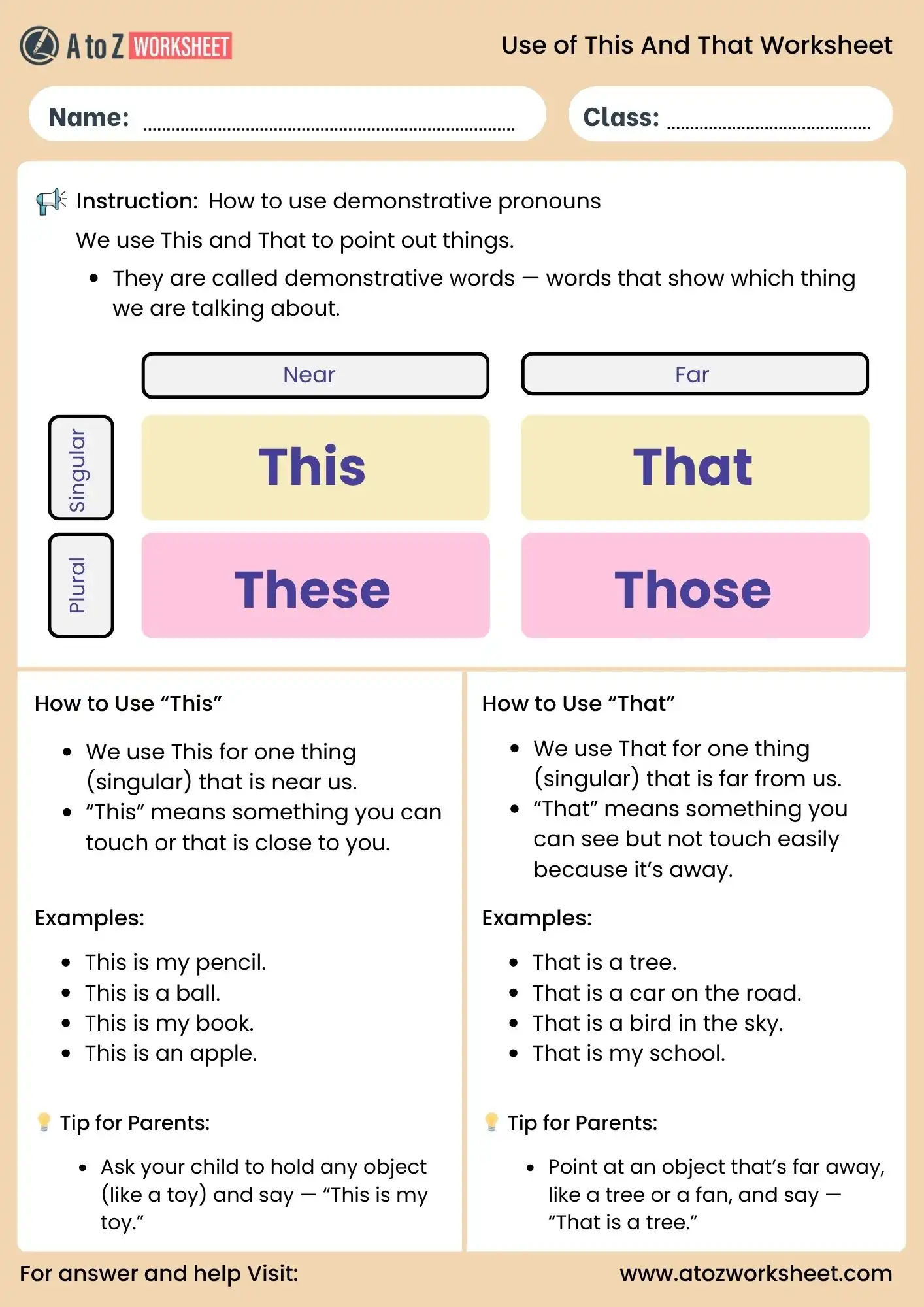 use of this and that worksheet for nursery grammar learning