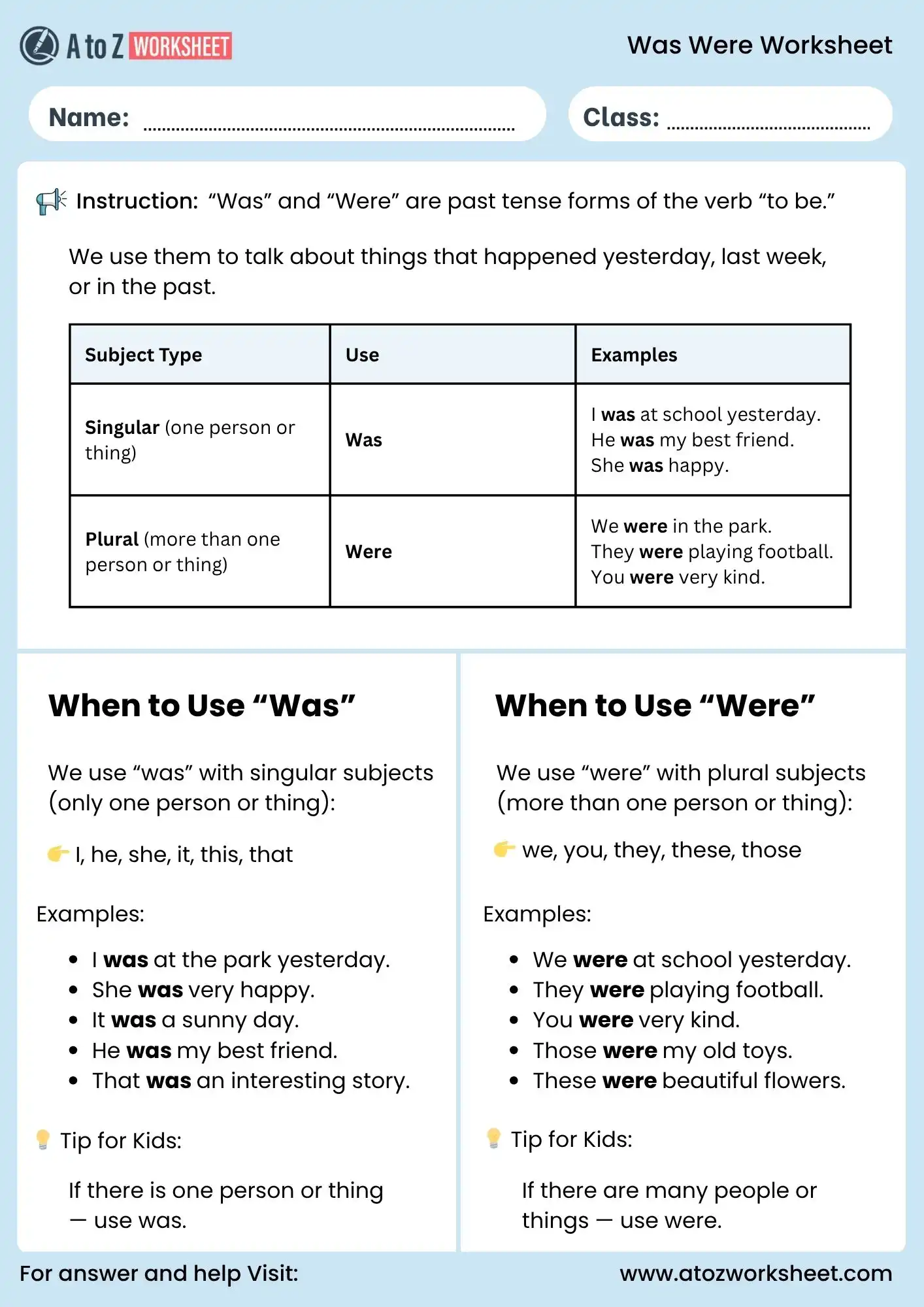 use of was and were worksheet for class 1 grammar learning