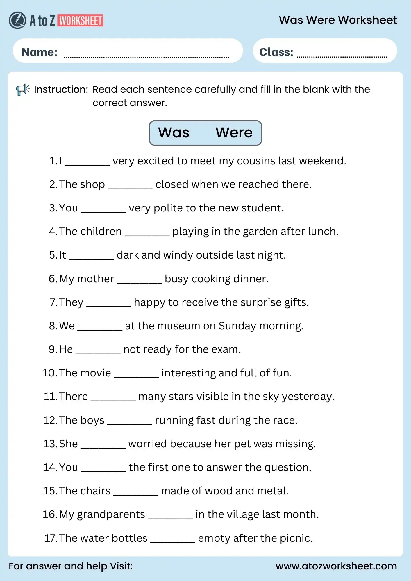 use of was and were worksheet fill in the blanks for class 2