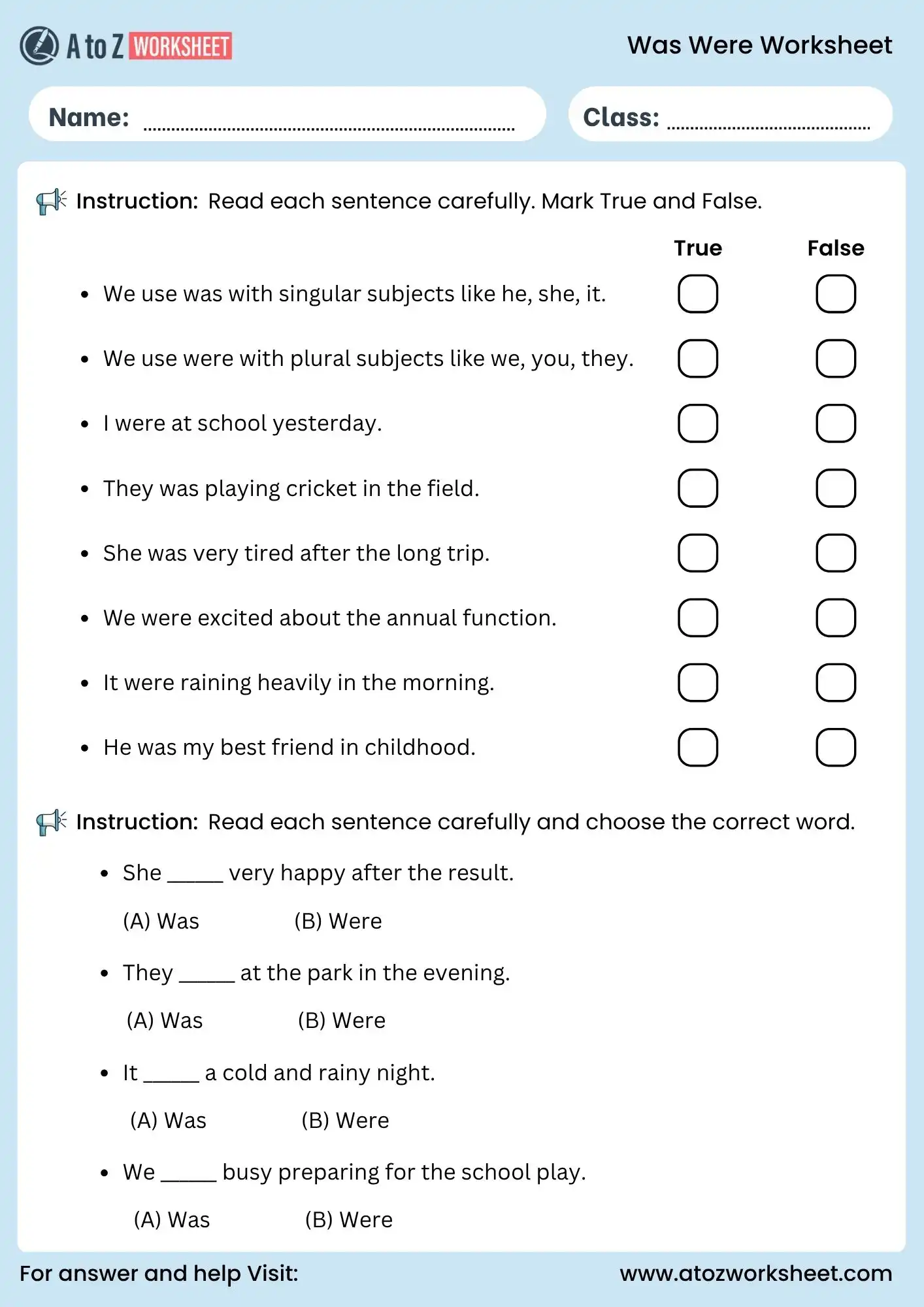 use of was and were worksheet true false activity for class 3