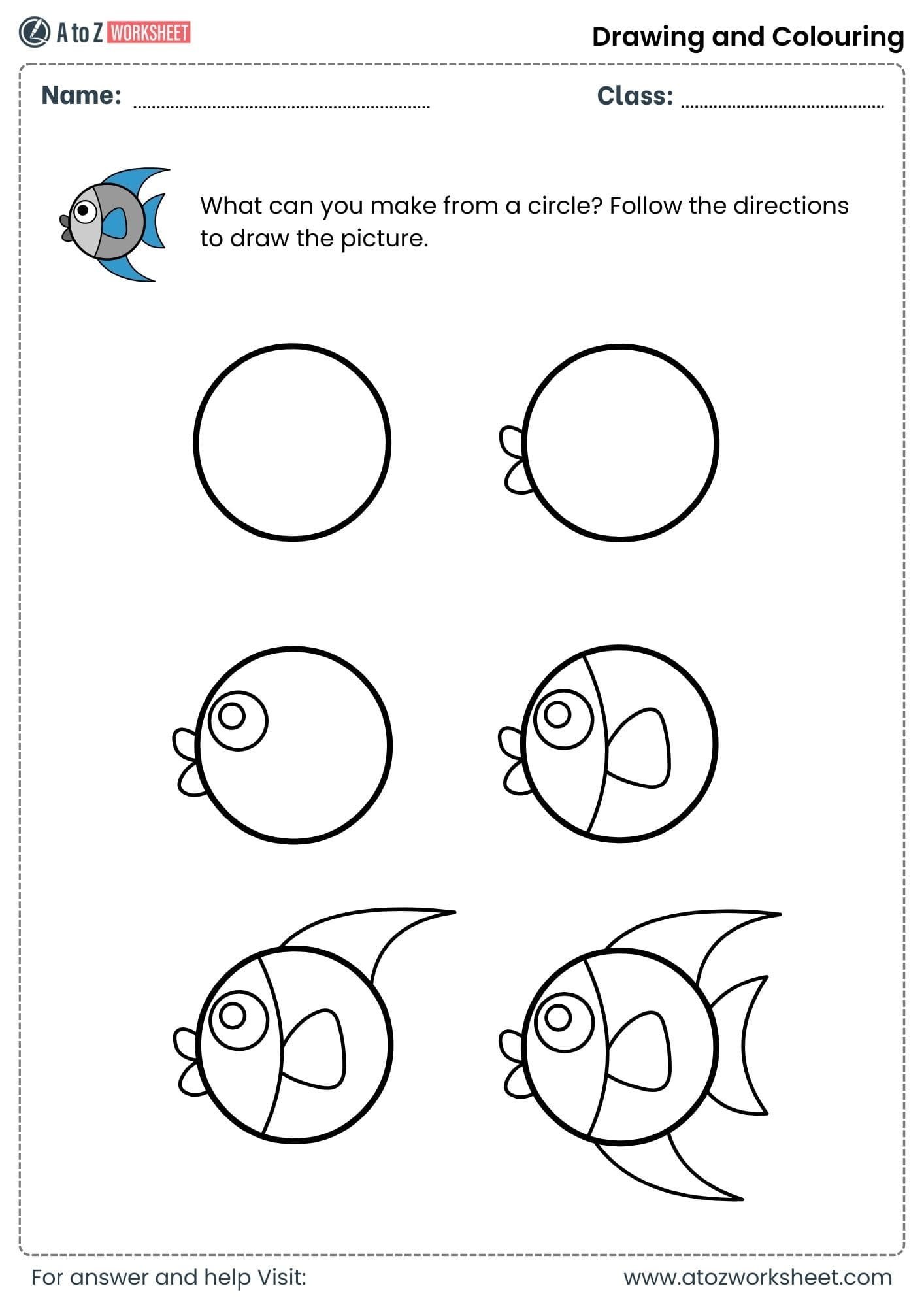 draw fish using circle drawing and colouring worksheets lkg ukg