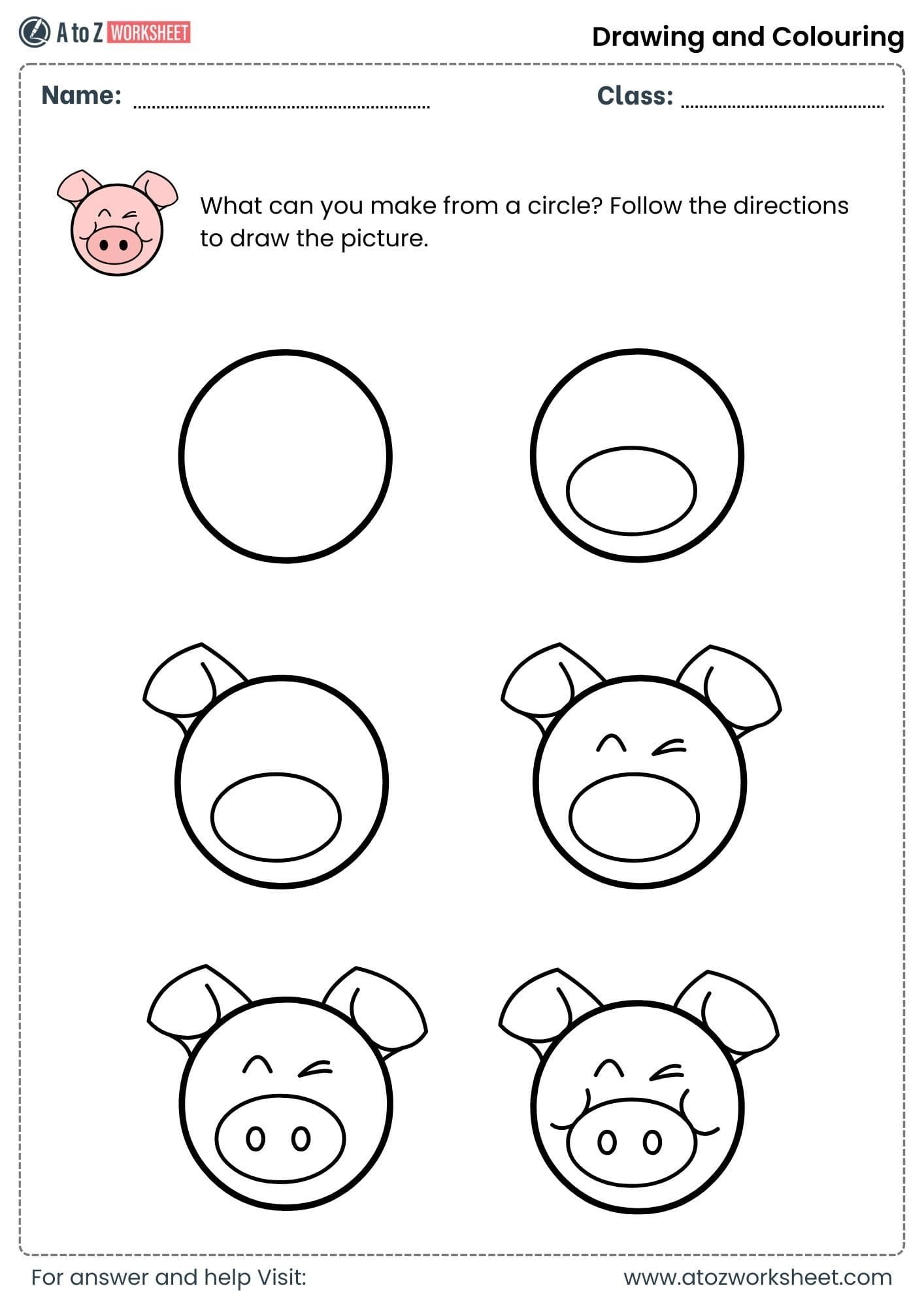 draw pig using circle drawing and colouring worksheets for nursery