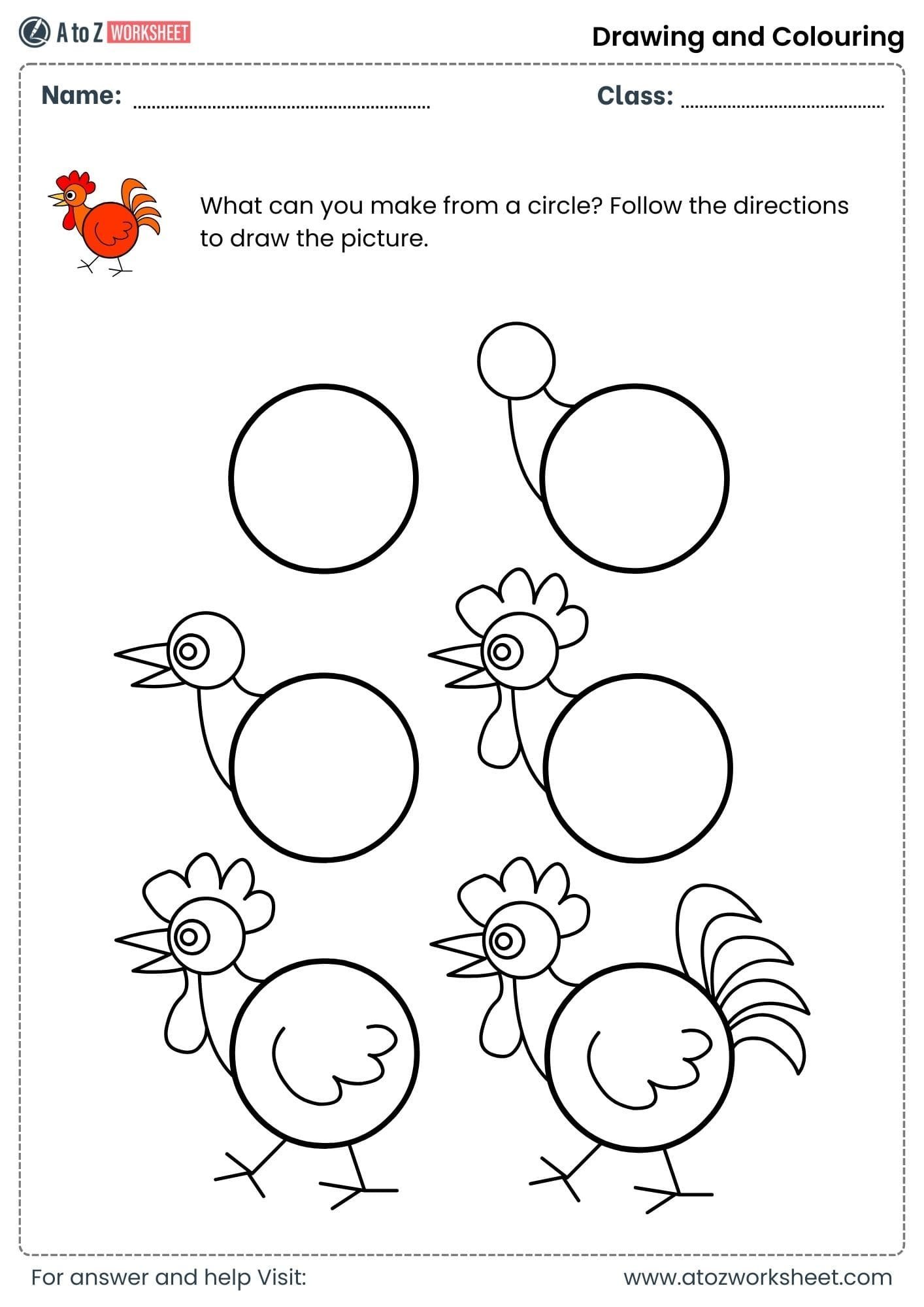 draw hen using circle drawing and colouring worksheets for kindergarten