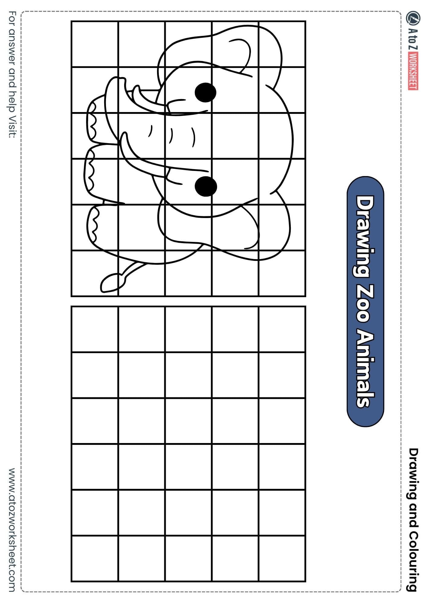 draw elephant using grid drawing and colouring worksheets class 3