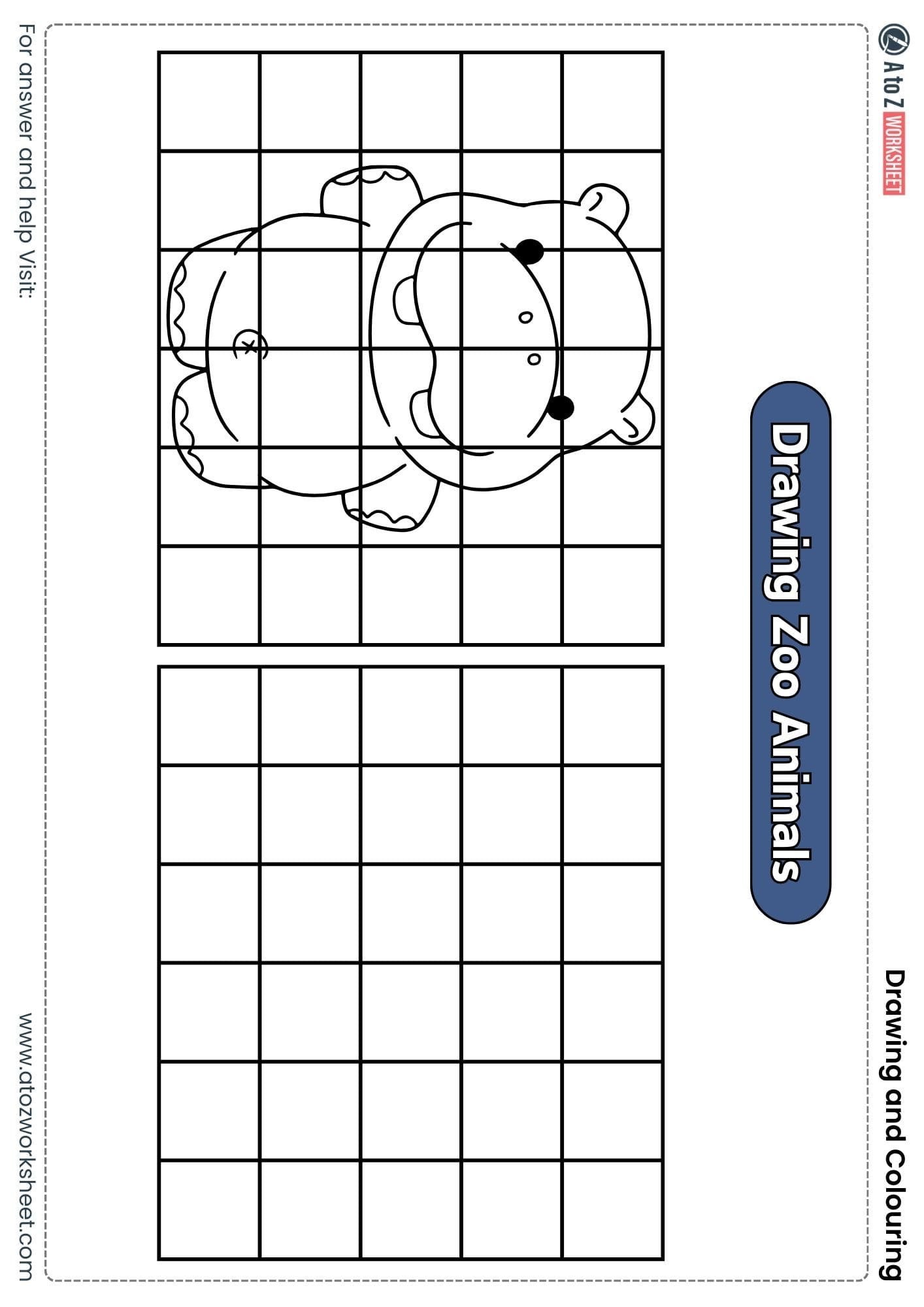 draw hippo grid drawing colouring worksheets ukg