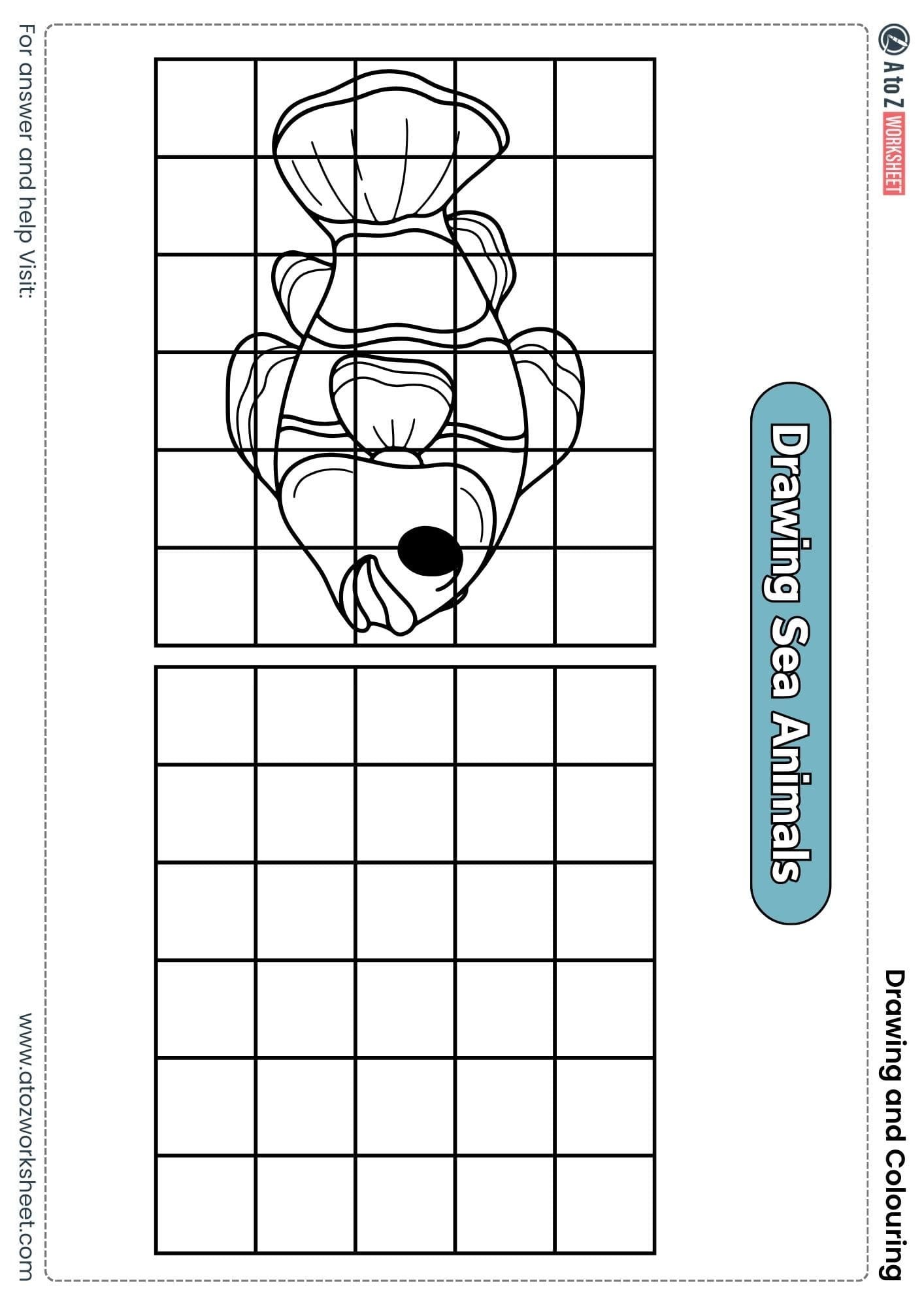 water animals grid drawing colouring worksheets nursery