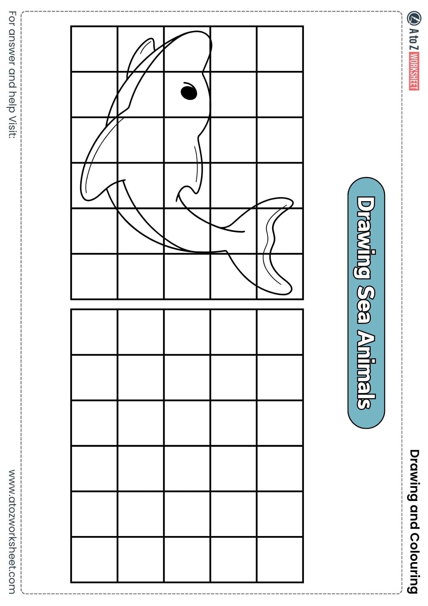 draw sea animals grid drawing colouring worksheets lkg