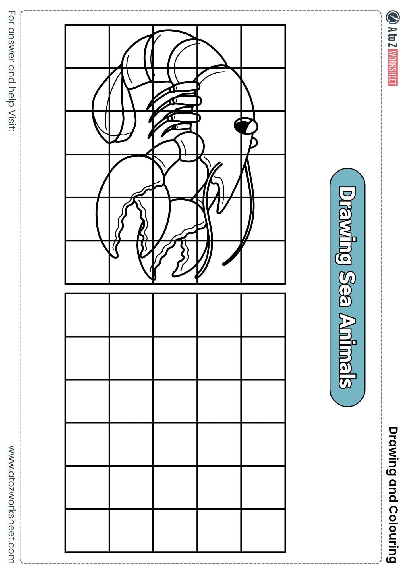 underwater animals grid drawing colouring worksheets ukg