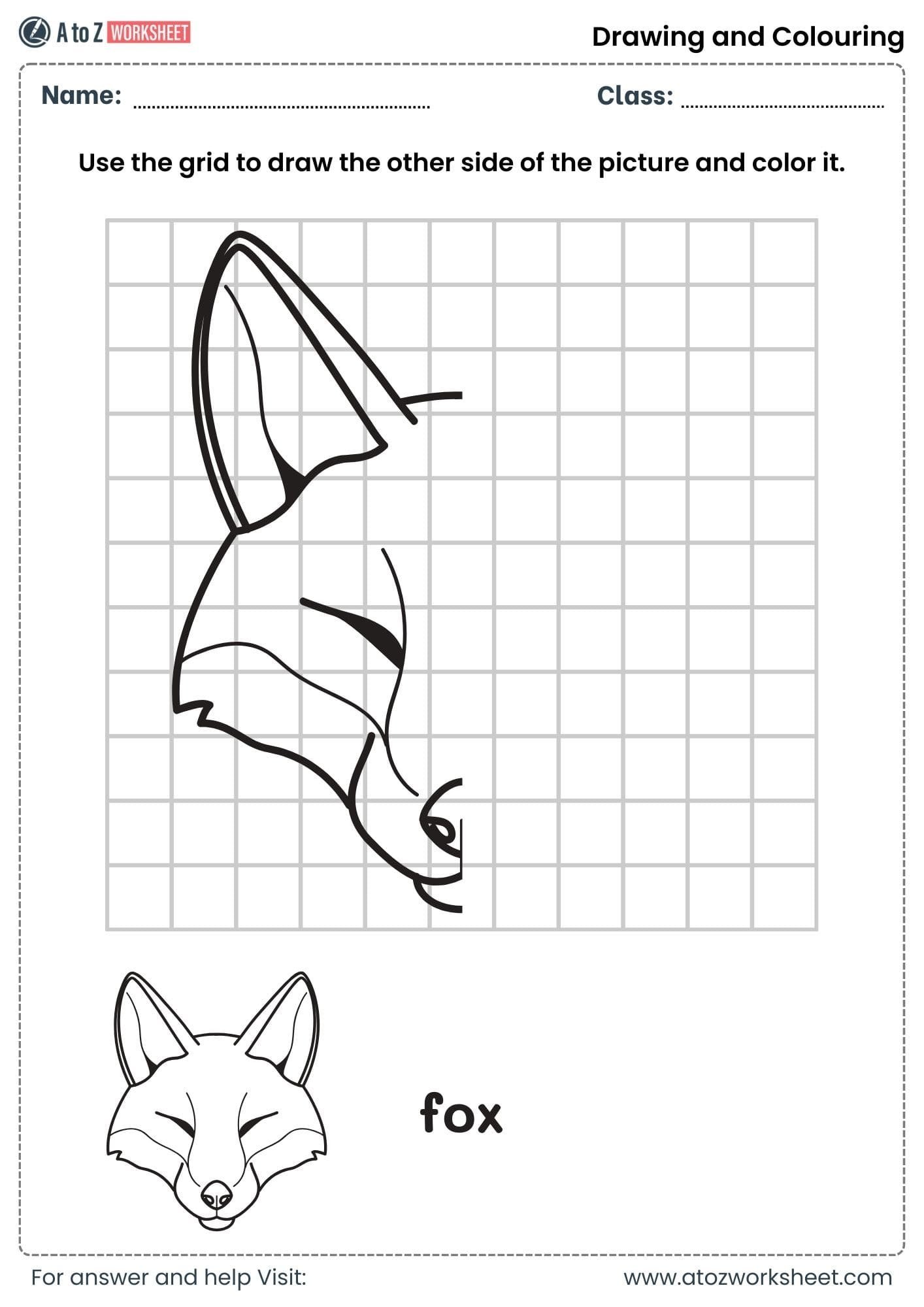 draw fox using grid drawing and colouring worksheets class 1