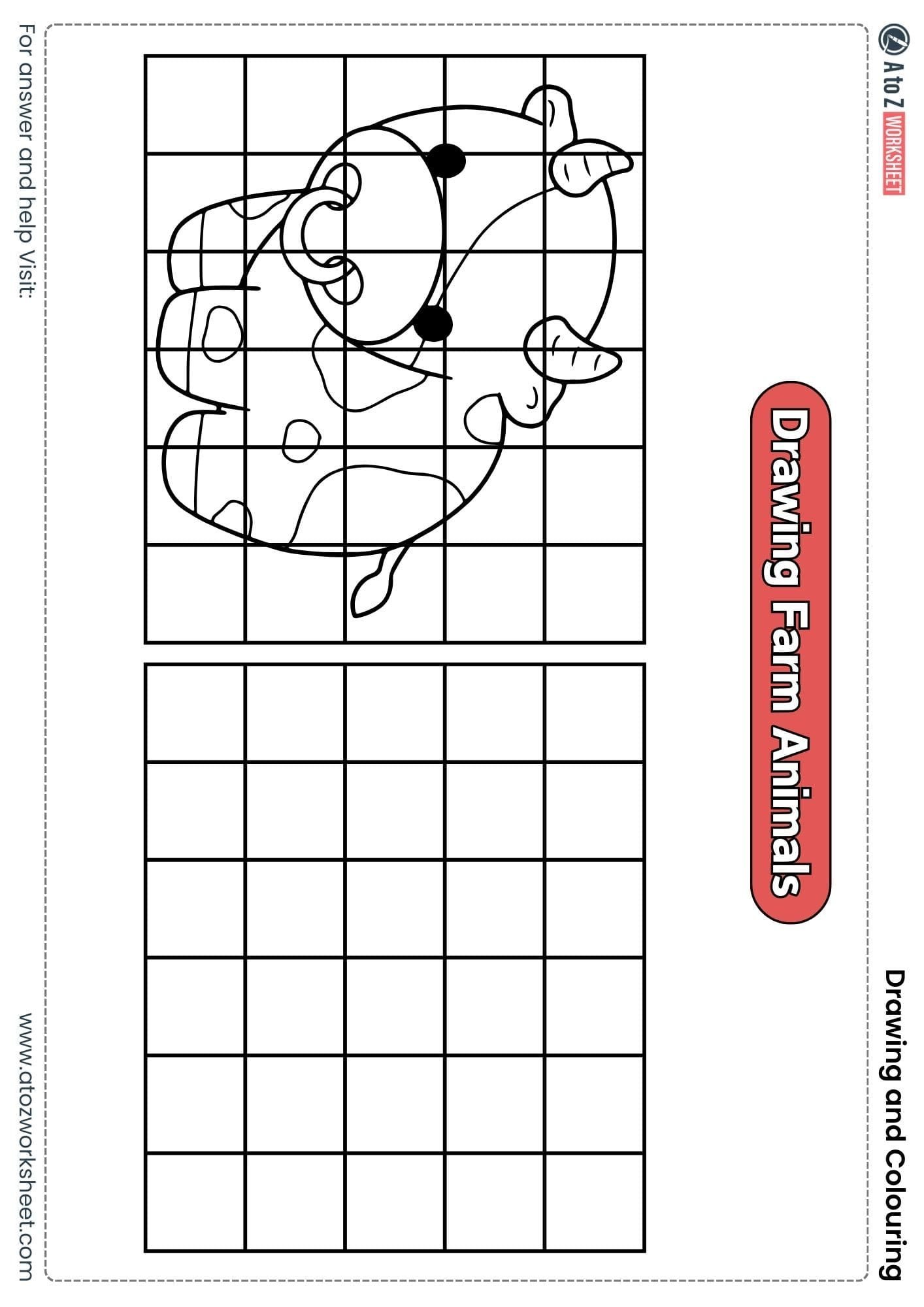 draw cow using grid drawing and colouring worksheets nursery