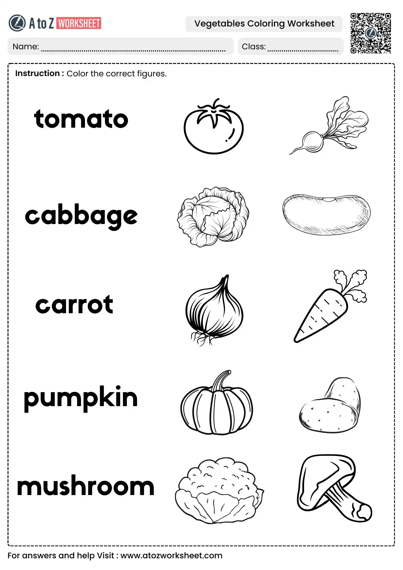 matching word to figure in vegetables coloring worksheets